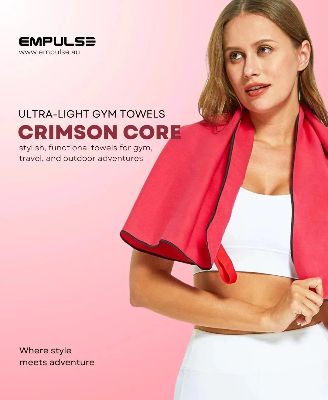 Empulse™ Crimson Core gym towel promo banner with female model and bright red design