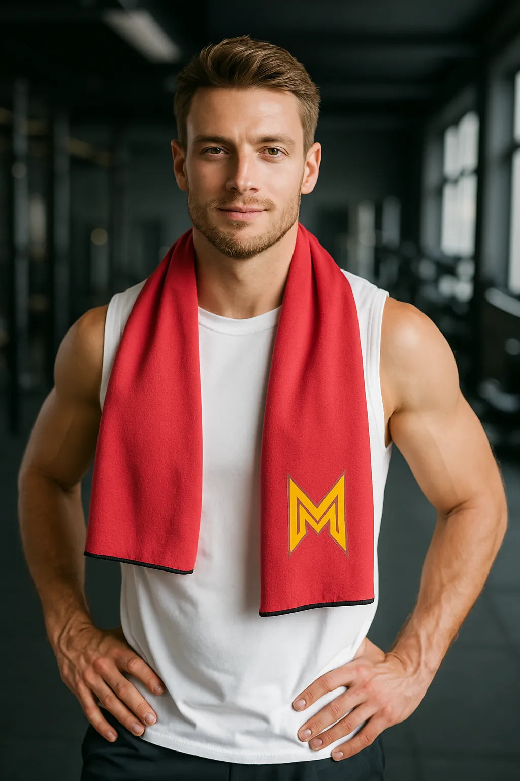 Studio shot of male model wearing Empulse™ Crimson Core towel with golden M logo