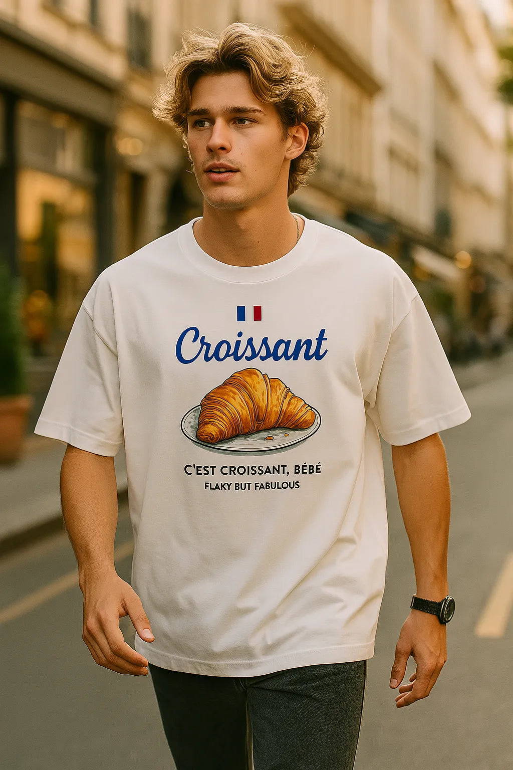 Empulse™ Sorona Croissant tee styled by male model in drop shoulder streetwear fit urban street