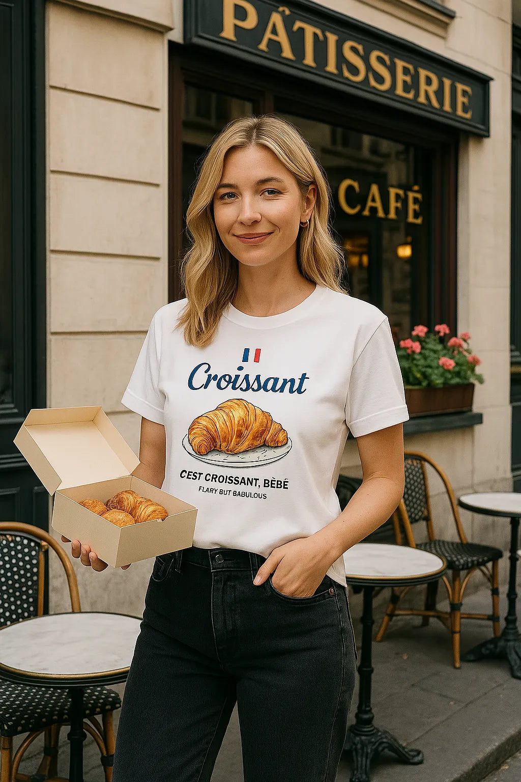 Empulse™ Croissant tee made with Sorona worn in European-style café setting for lifestyle appeal