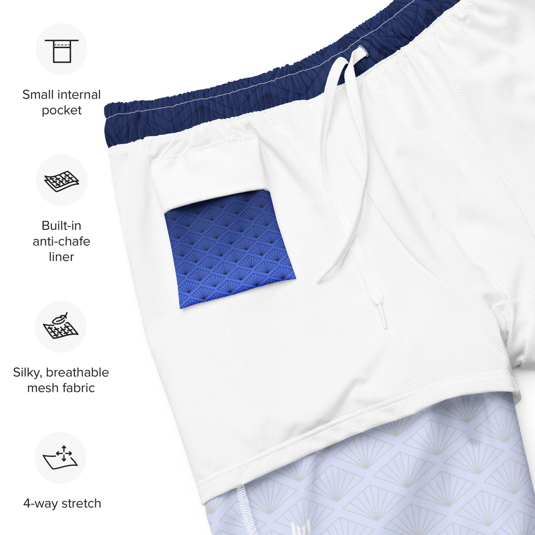 Flat lay of Empulse™ Daylight Bloom swim shorts showing internal label and sizing details