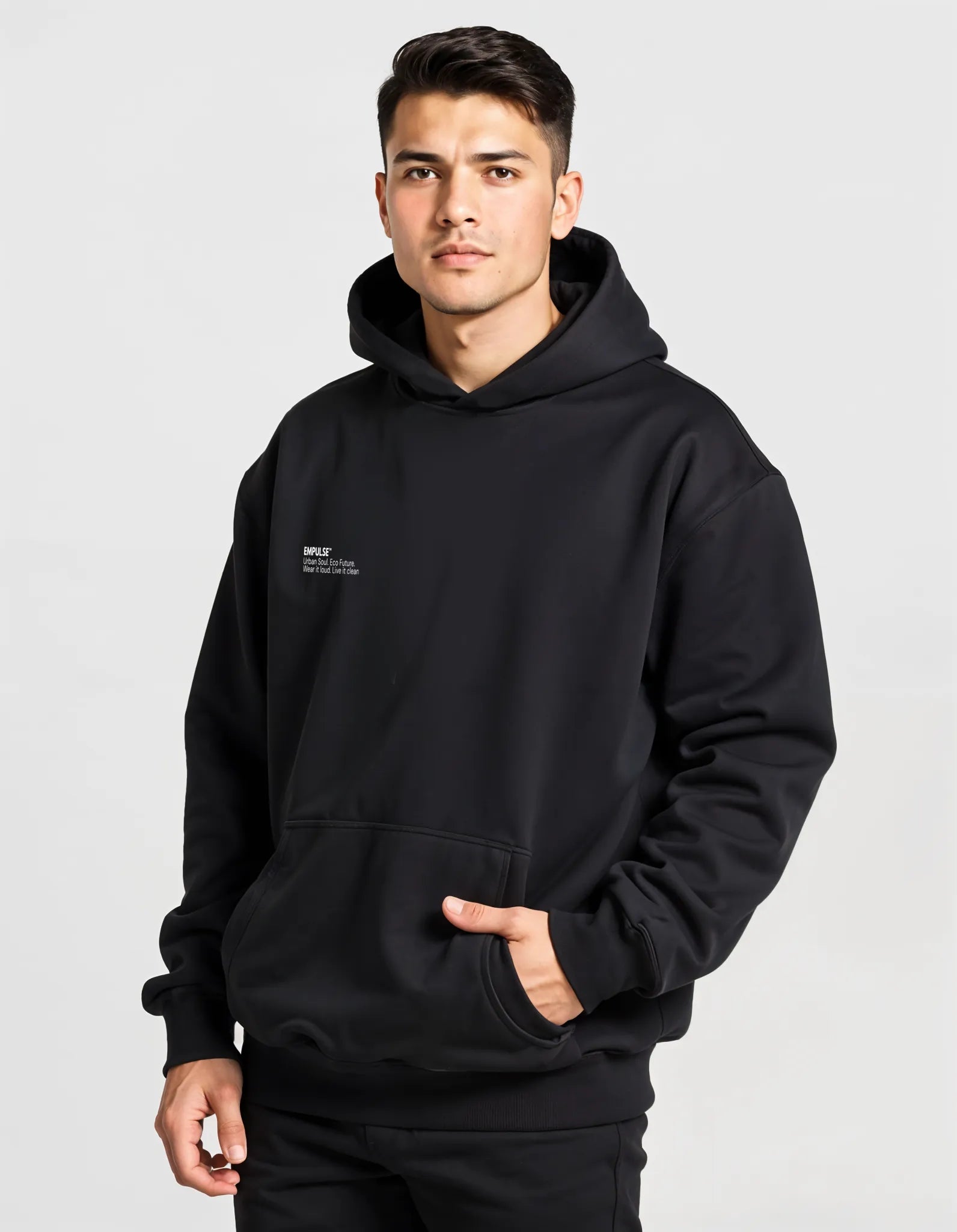 Male model side pose wearing black Empulse DNA Oversized Hoodie