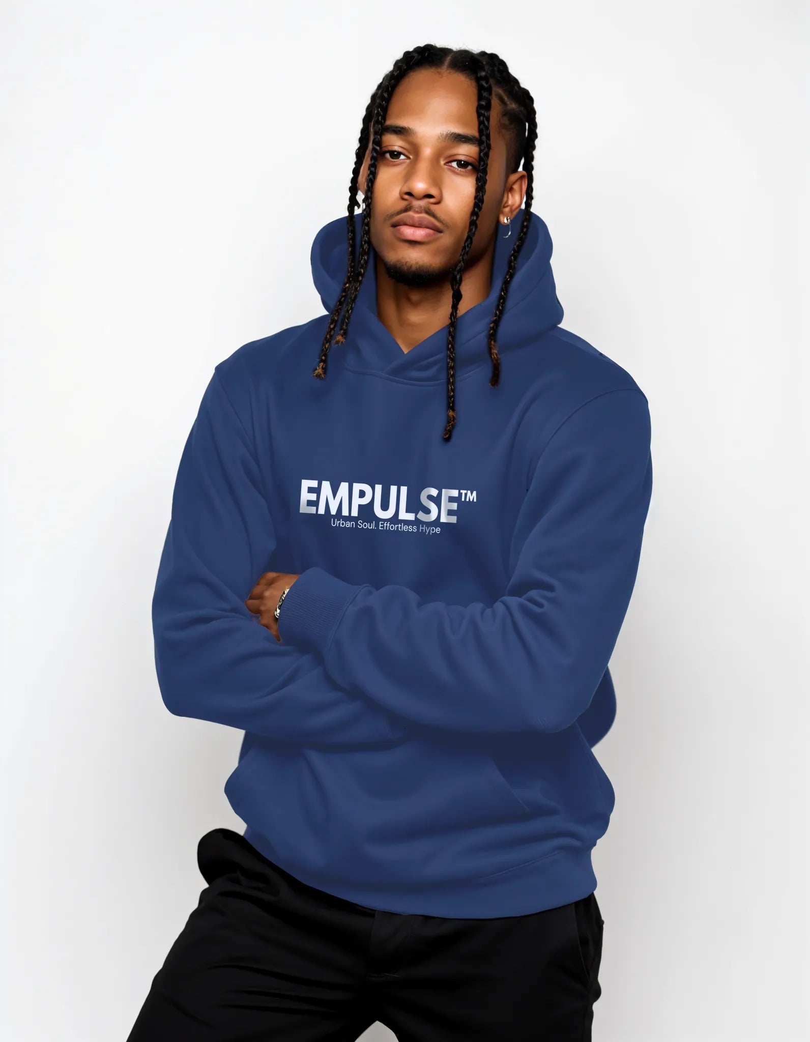 Empulse DNA Hoodie in Blue worn by male model full view