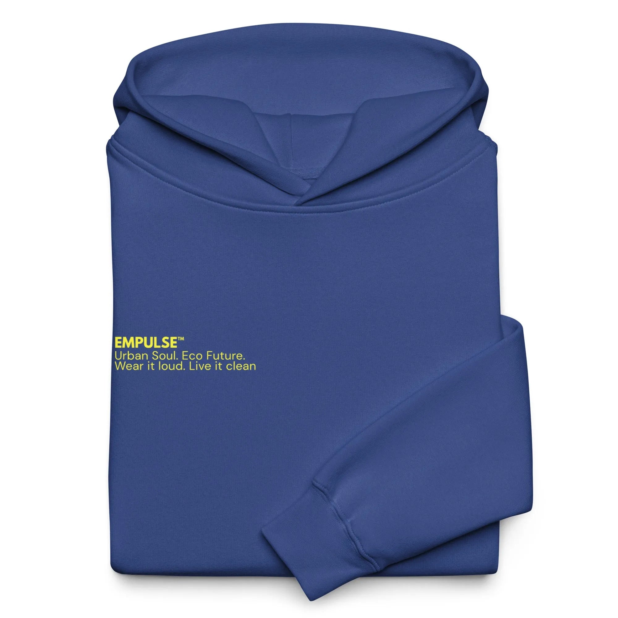 Empulse DNA Hoodie in Deep Blue folded flat with neon print visible