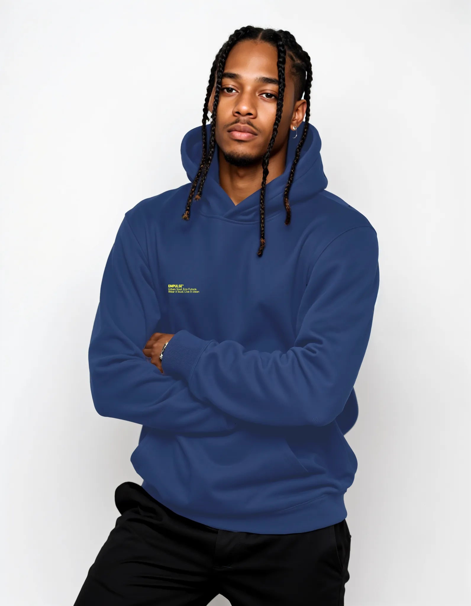 Empulse DNA Hoodie in Deep Blue with neon print worn by male model standing