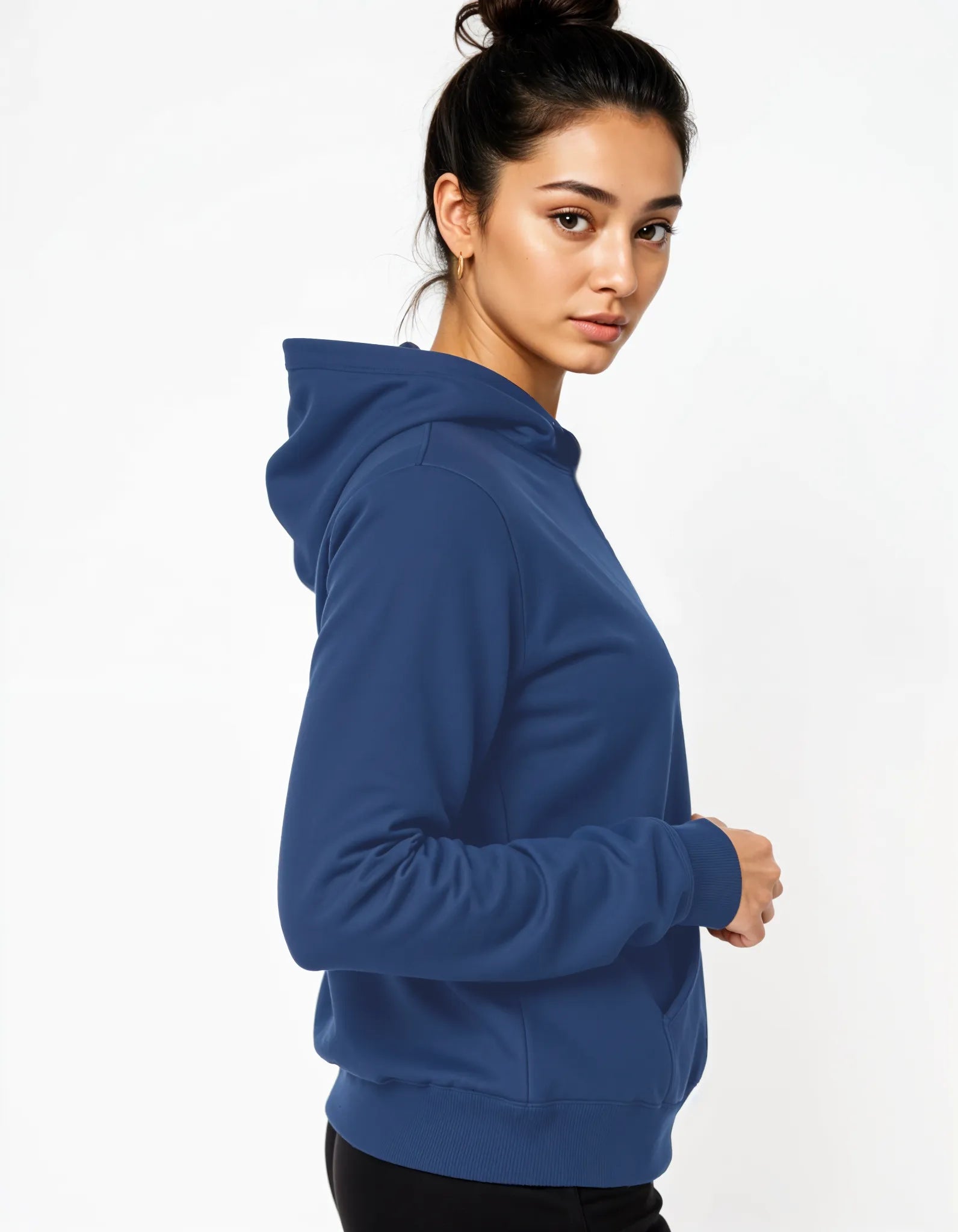 Empulse DNA Hoodie in Deep Blue worn by female model from the side