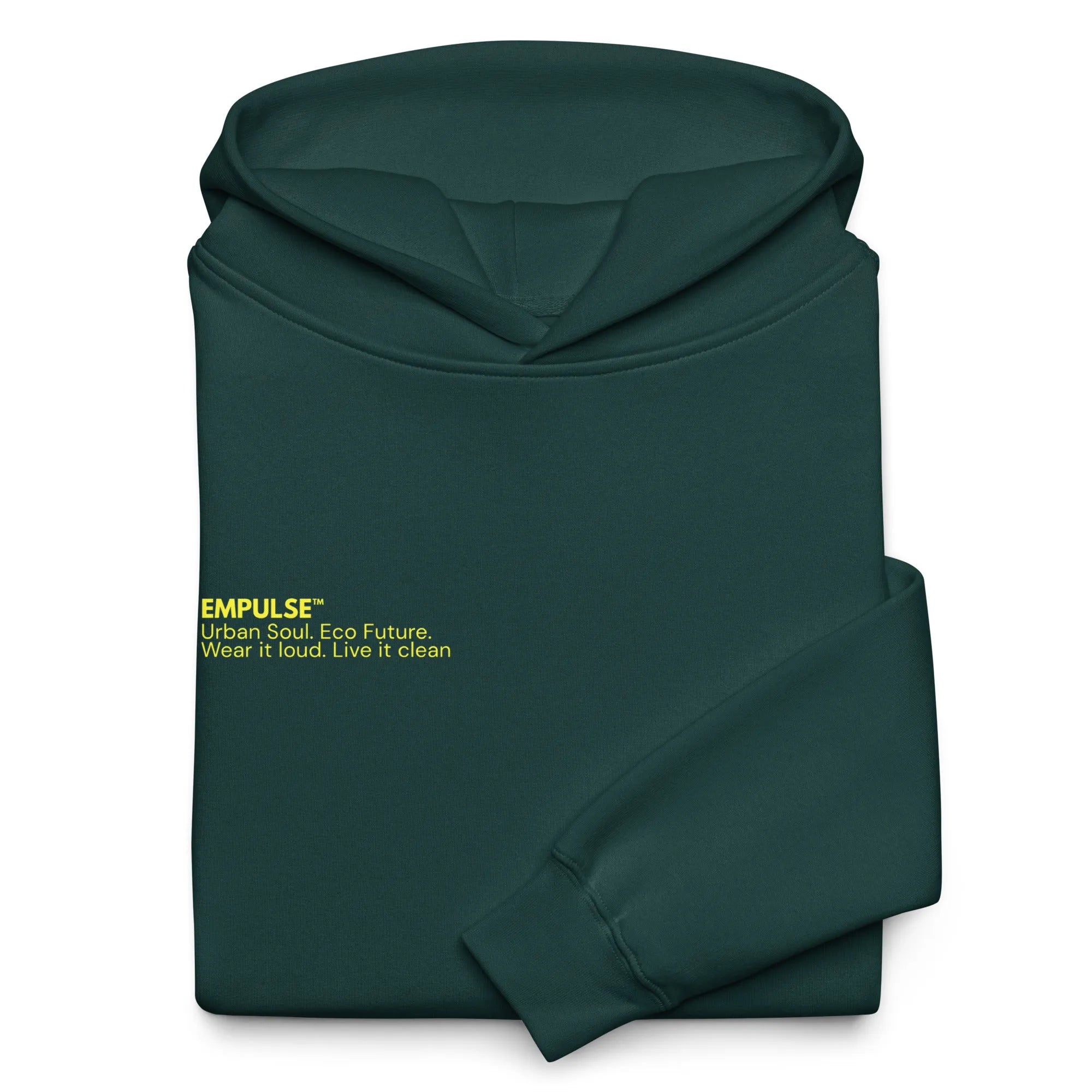 Folded forest green Empulse DNA Oversized Hoodie with yellow chest print