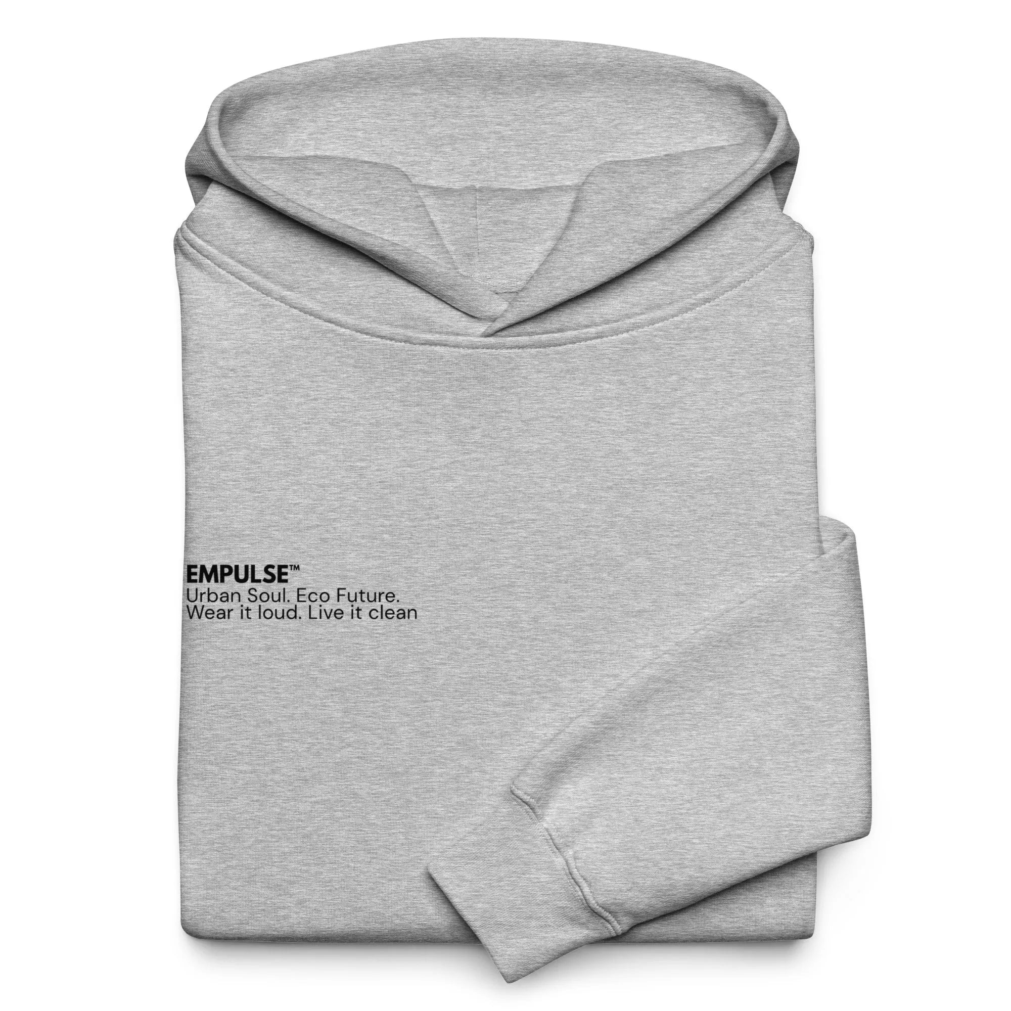 Folded grey Empulse DNA Oversized Hoodie showing branding and hood