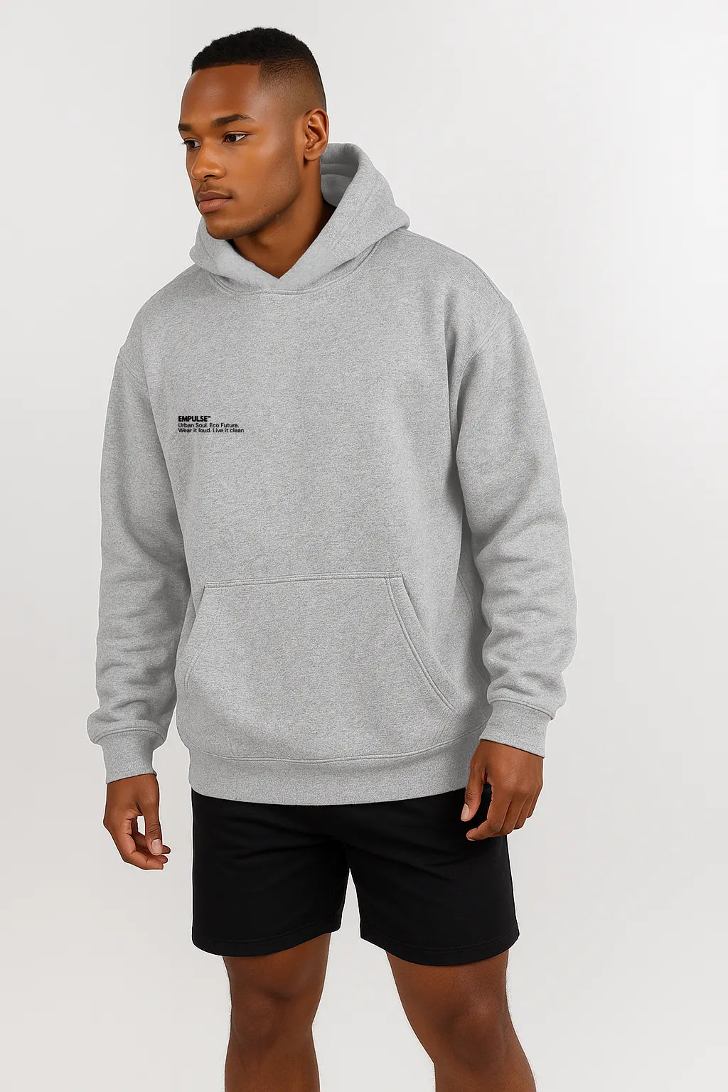 Empulse DNA Oversized Hoodie in grey worn by male model front view