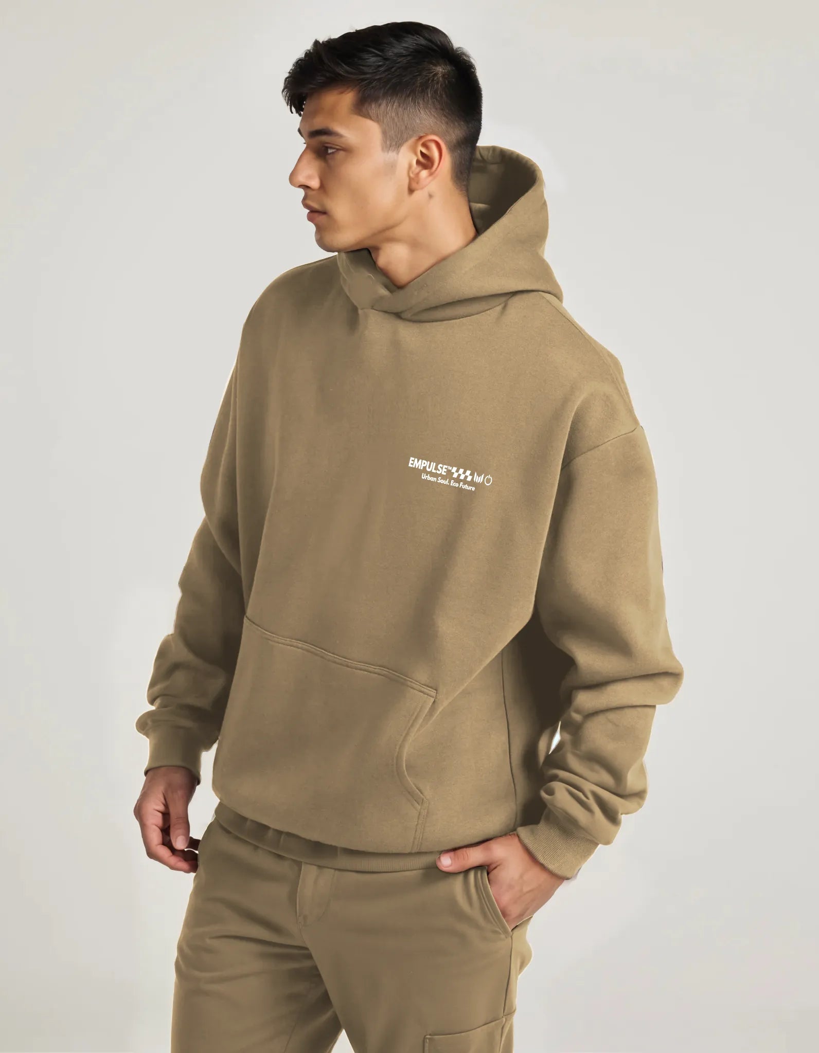 Empulse DNA Hoodie in Sandstone front view worn by male model