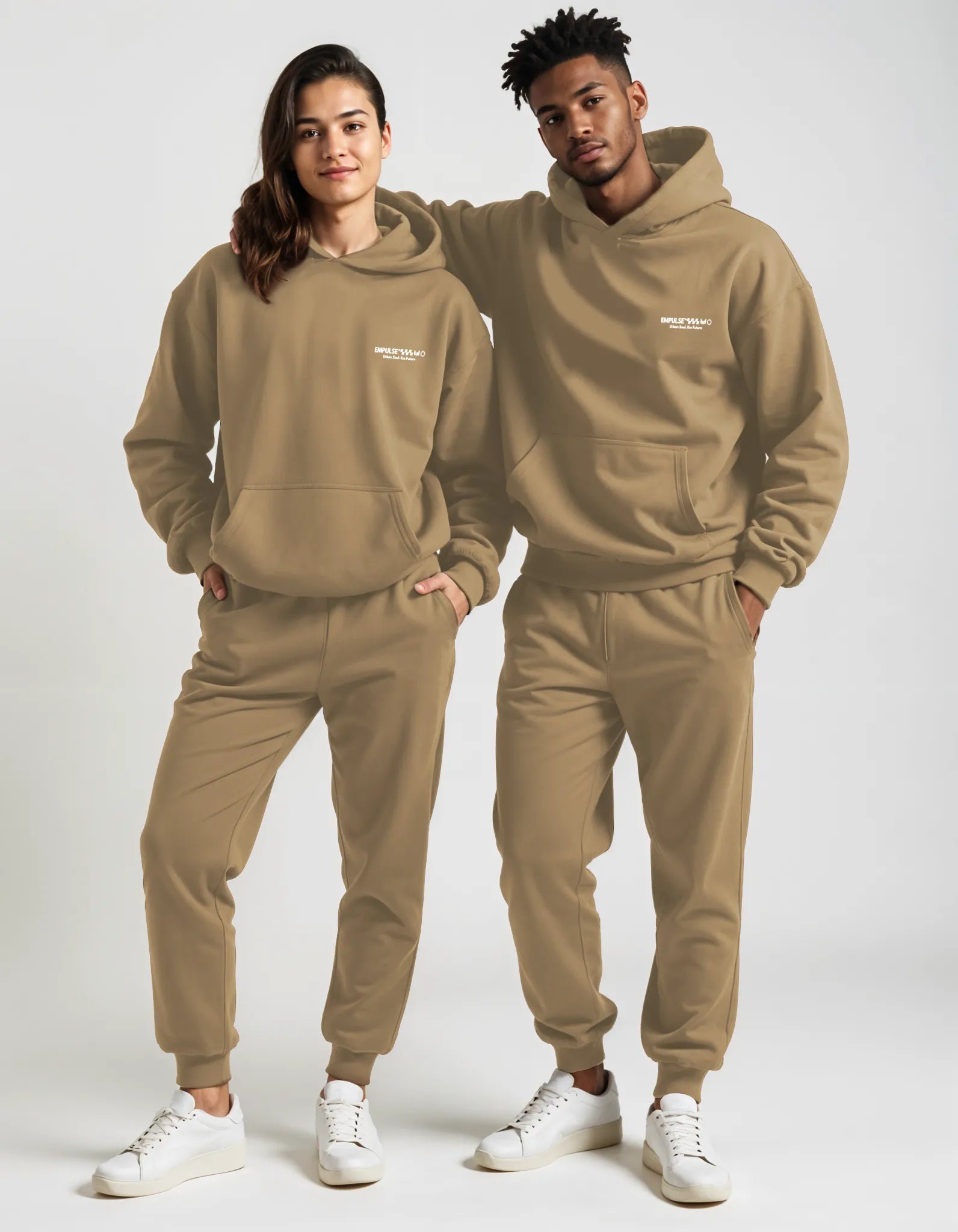 Empulse DNA Hoodie in Sandstone worn by male and female models