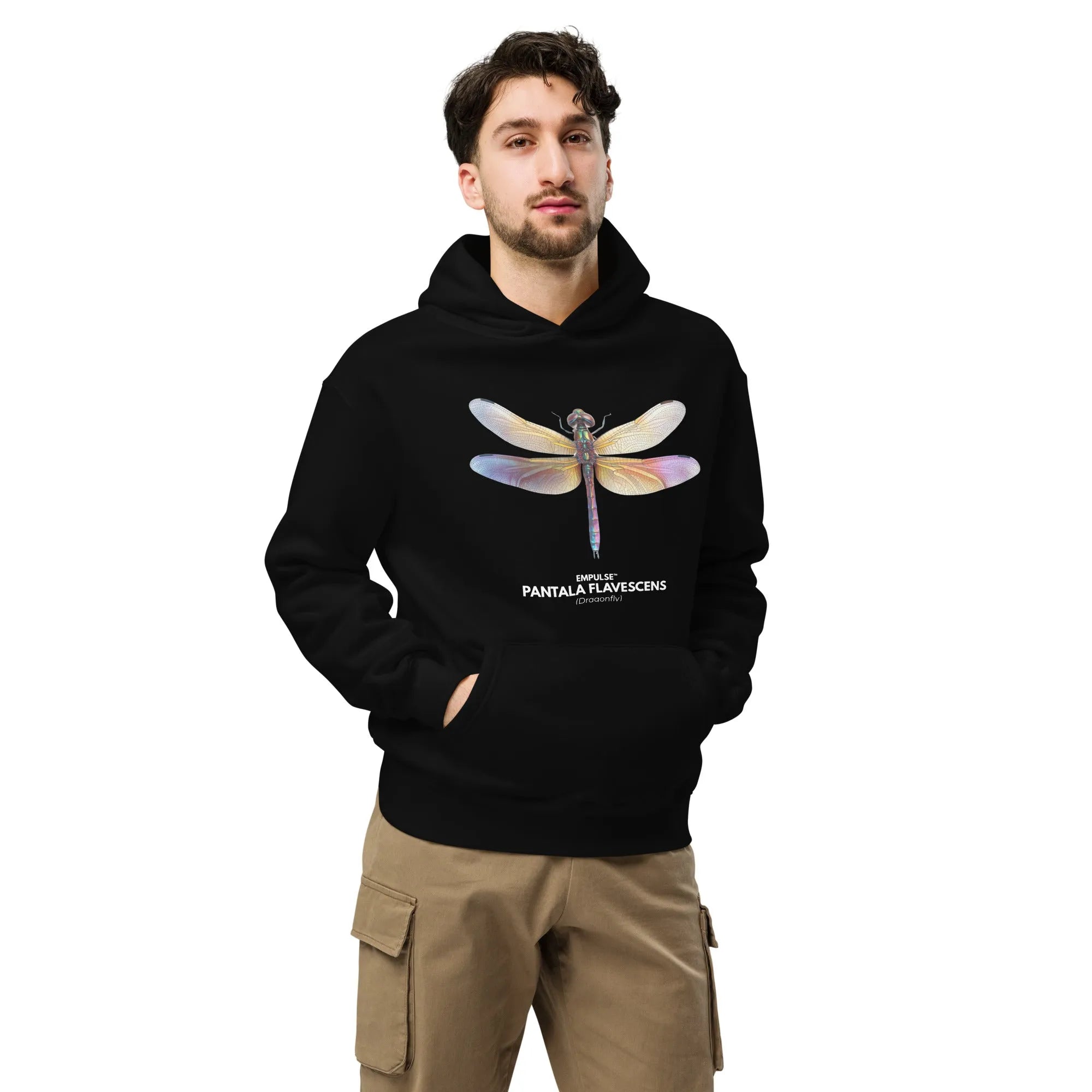 Full view of male model in black Empulse™ hoodie featuring stylized dragonfly graphic print

