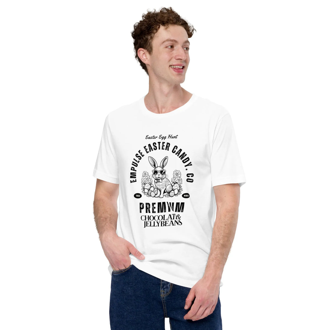Man standing at an angle wearing Easter Egg Hunting tshirt by Empulse