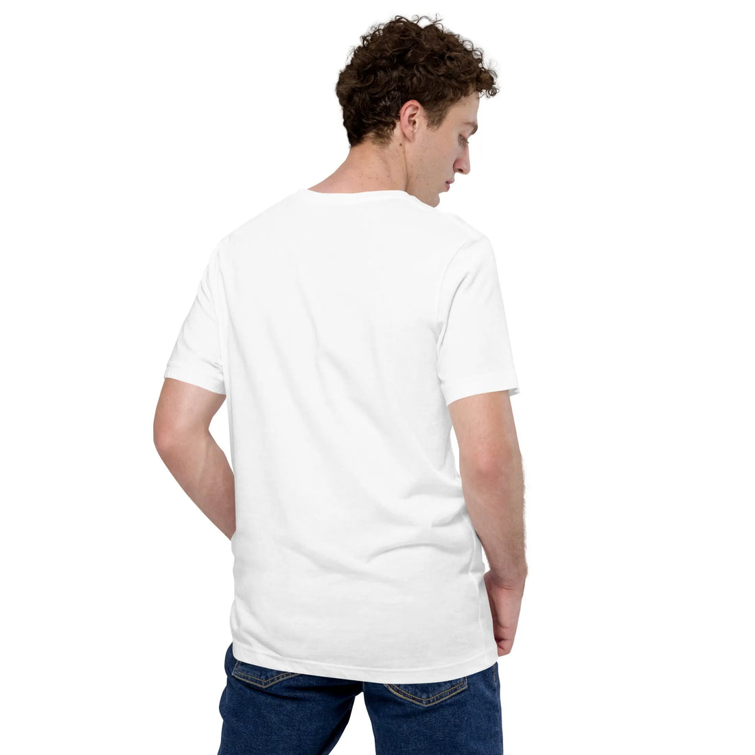 Back of white Empulse Easter Egg Hunting tshirt on male model