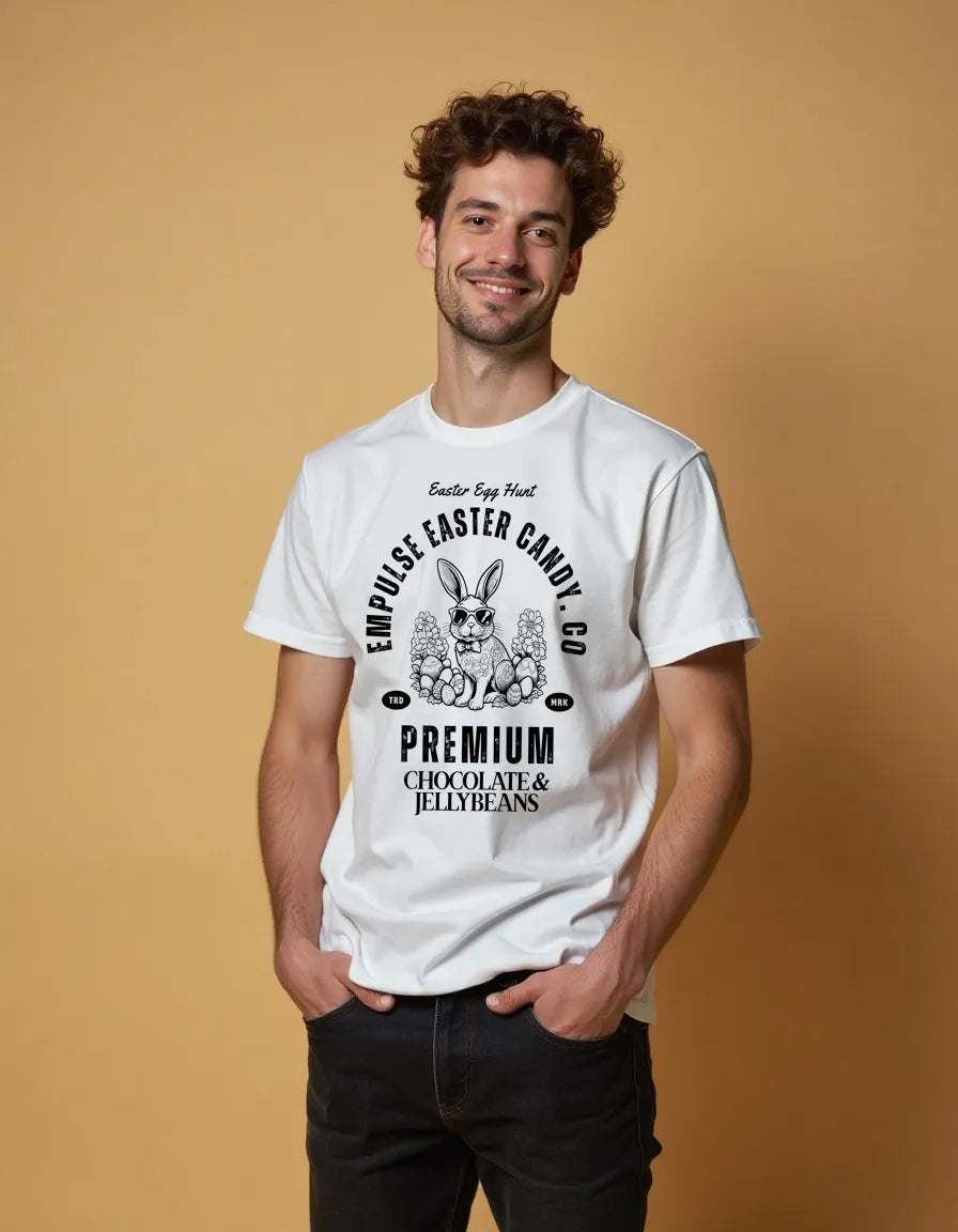 Male model wearing Empulse Easter Egg Hunting tshirt white front