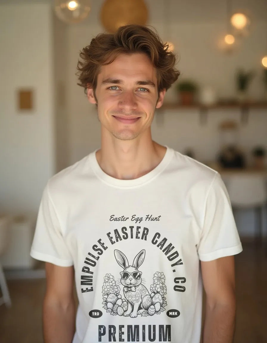 Smiling man indoors wearing Empulse Easter Egg Hunting tshirt