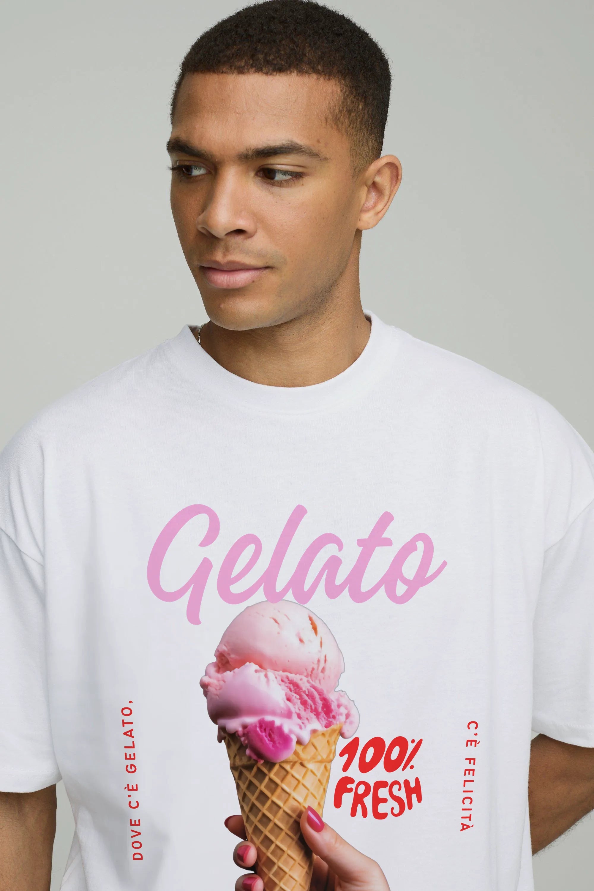 Close-up of Empulse™ Gelato Sorona t-shirt featuring 100% fresh print and pink gelato cone

