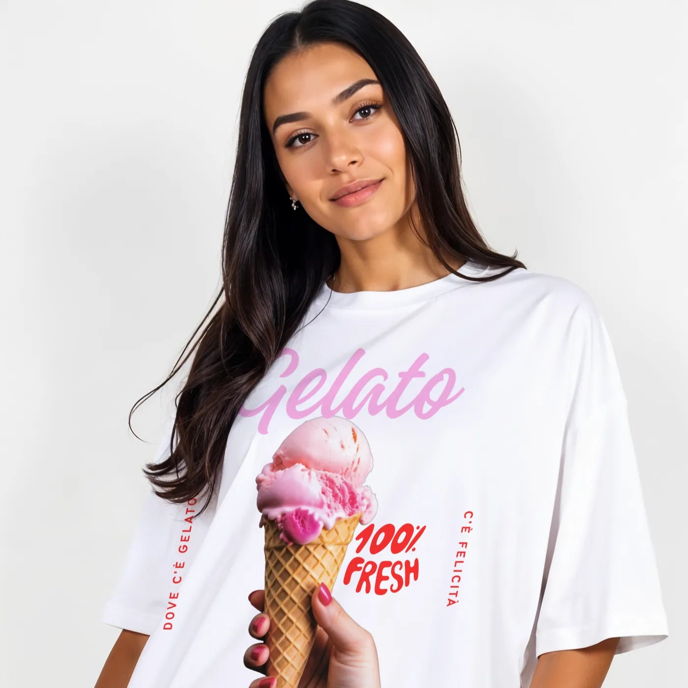 Empulse™ Gelato Sorona tee styled by female model in relaxed fit with dessert-themed print