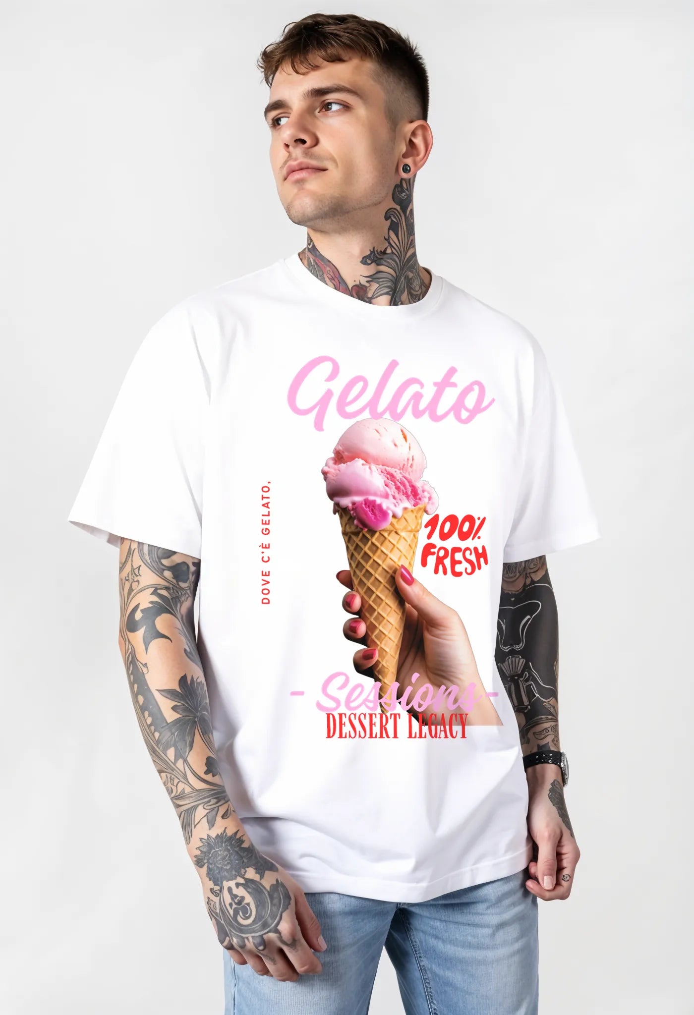 Empulse™ Gelato Sorona t-shirt in white with pink ice cream cone graphic worn by male model front-facing