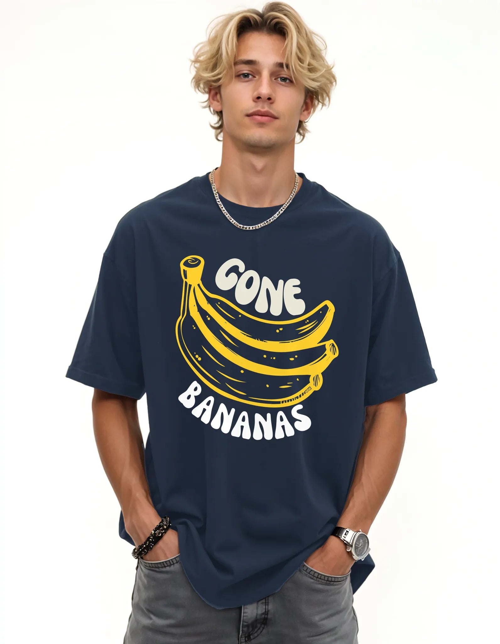 Empulse™ Gone Bananas Sorona tee in oversized cut with playful fruit design, styled by blonde model