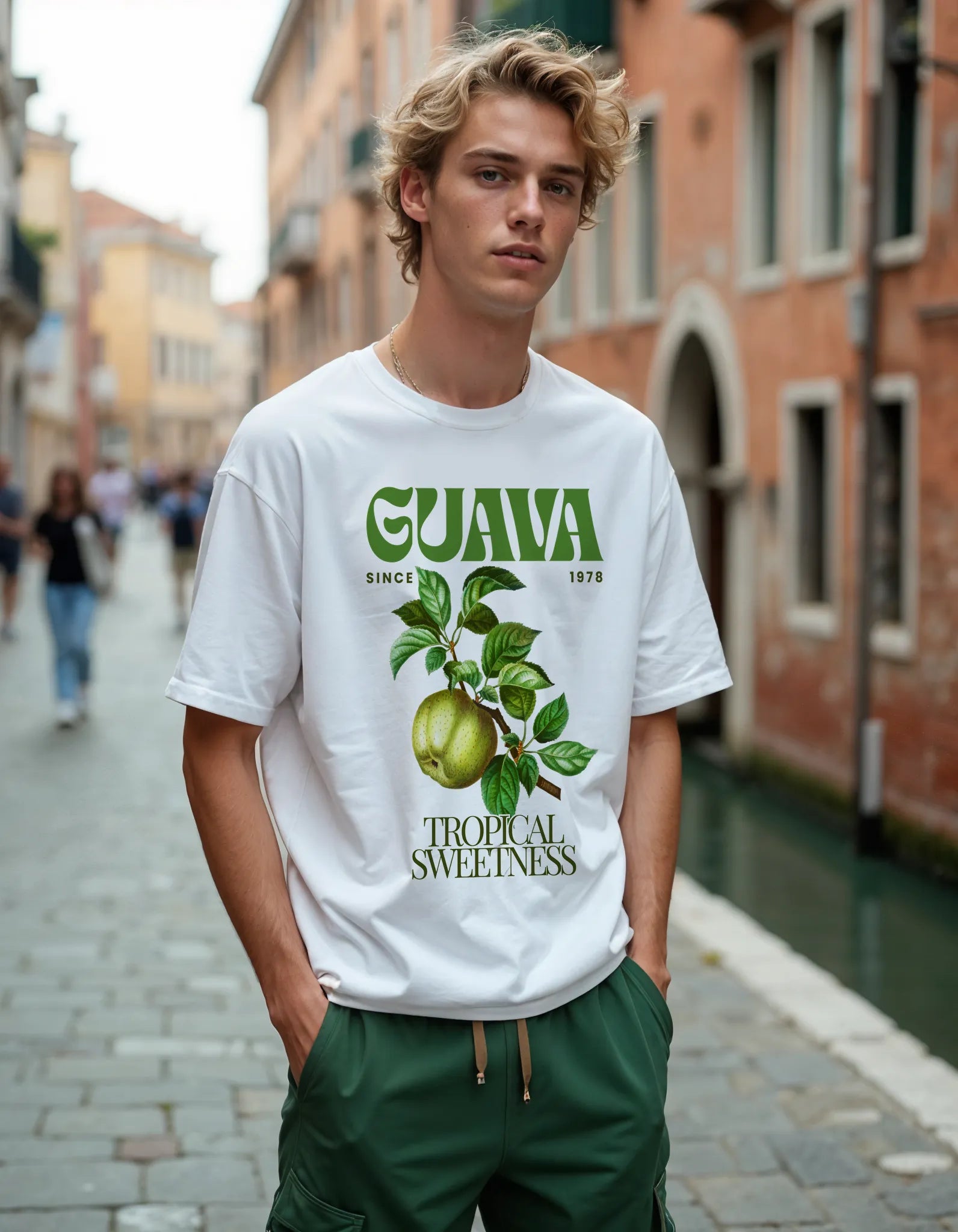 Empulse™ white Guava Juice Sorona tee styled in Venice-inspired alleyway with model wearing loose fit