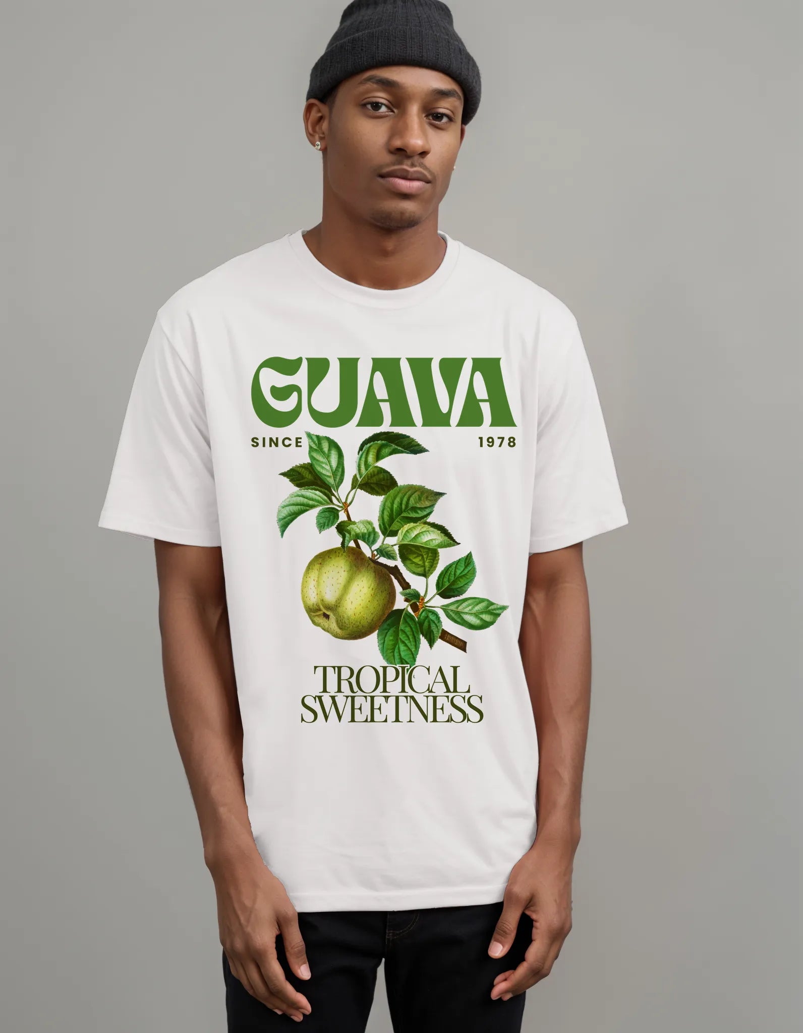 Empulse™ Guava Sorona tee styled with relaxed streetwear silhouette and vibrant tropical design