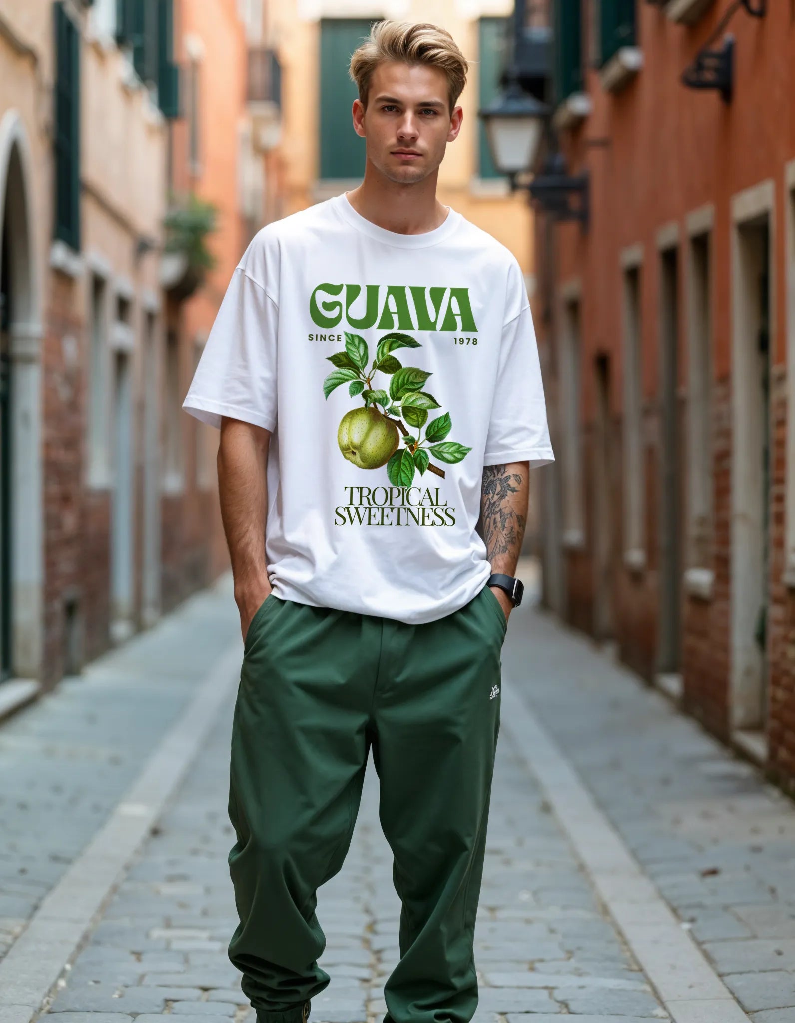 Empulse™ Guava Juice t-shirt in white Sorona blend worn by male model in green pants on cobbled street