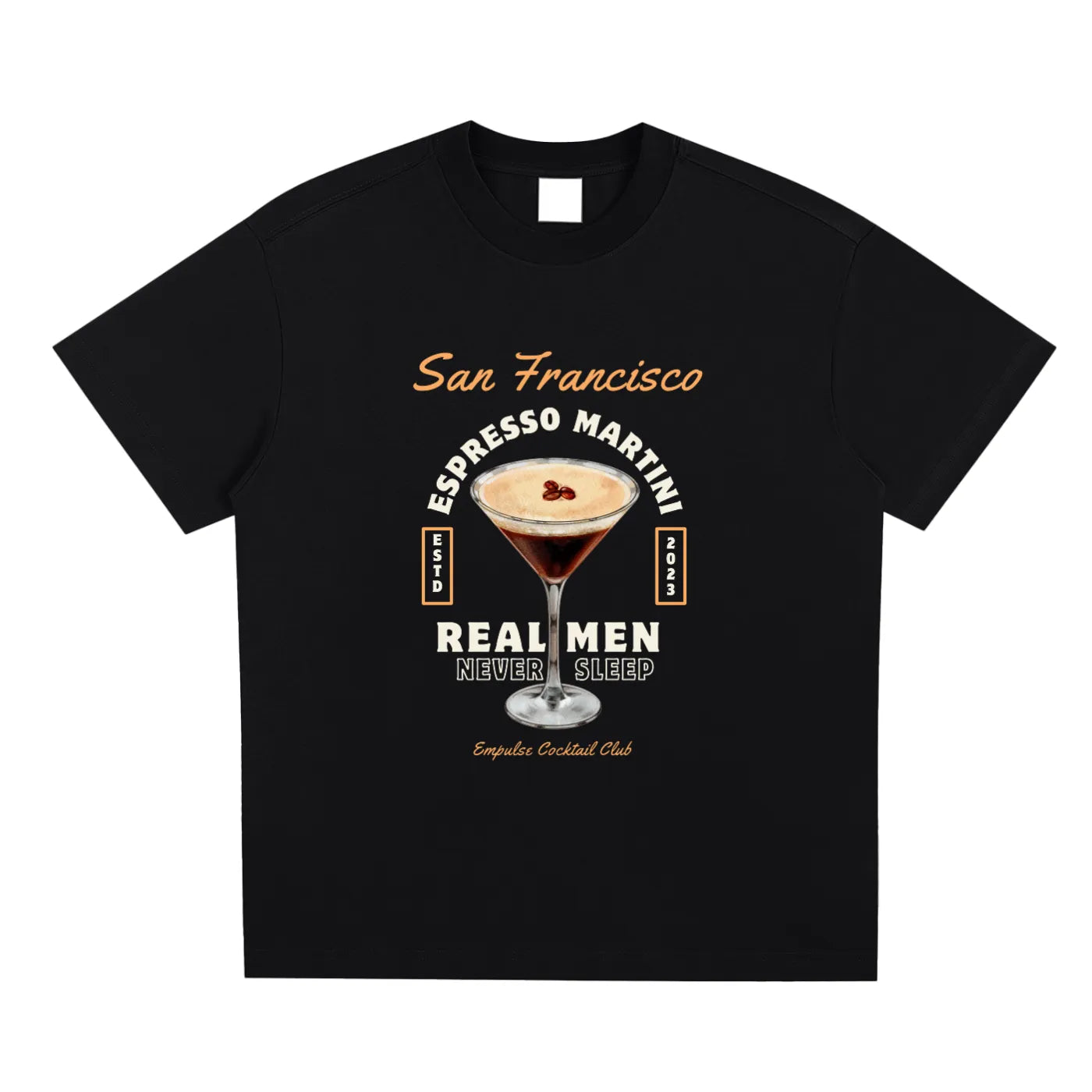 Flatlay of Empulse™ Irish Coffee tee in black Sorona cotton featuring vintage glass graphic and “Real Men Drink Hot Coffee” text