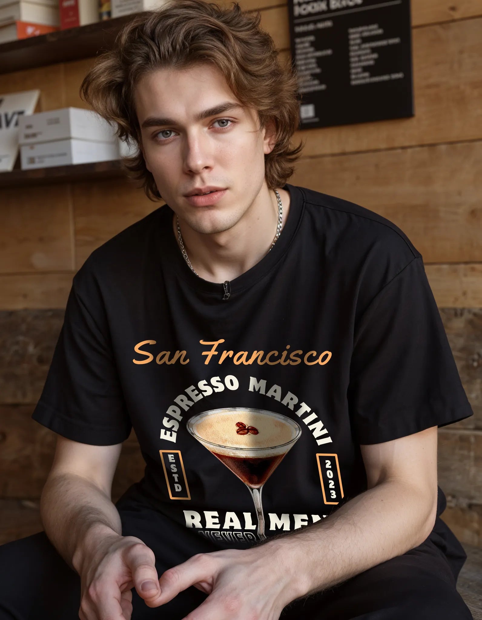 Empulse™ black Sorona t-shirt with coffee glass print, styled in relaxed pose inside coffee shop