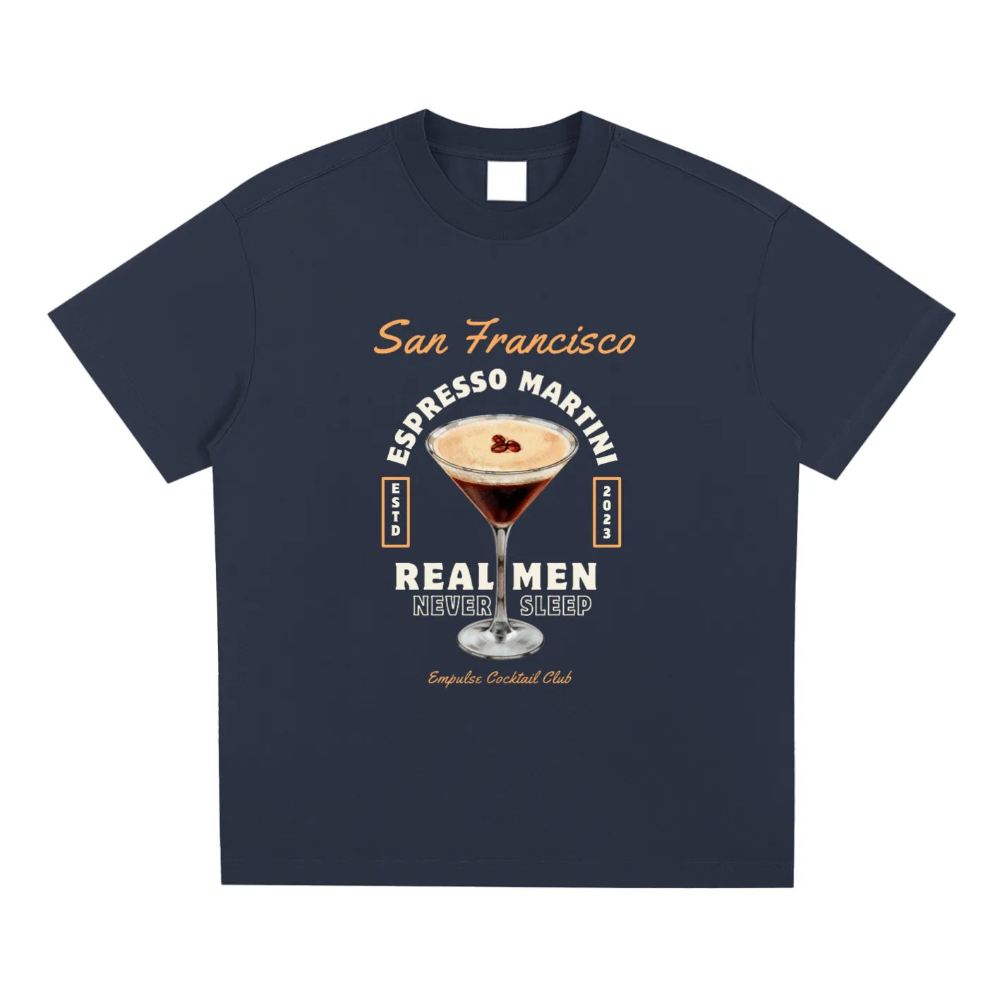 Empulse™ Irish Coffee Club Sorona tee in navy shown on hanger, displaying full front graphic design