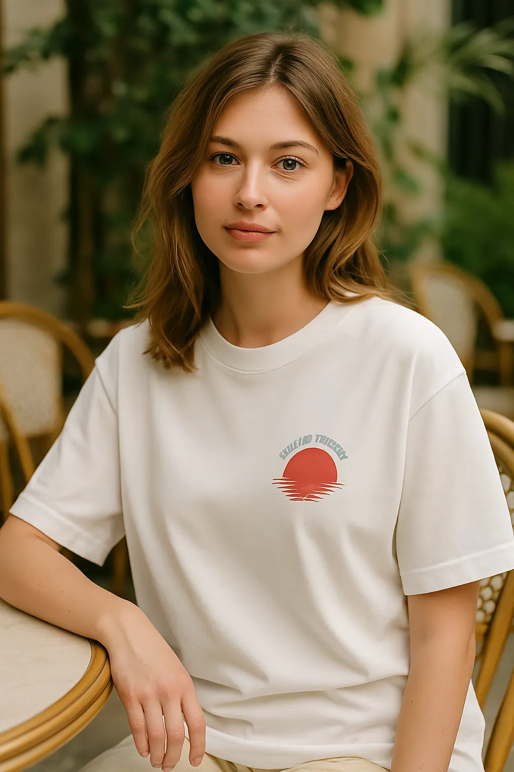 Empulse™ Sorona Japan t-shirt with full backprint design worn casually in urban café setting