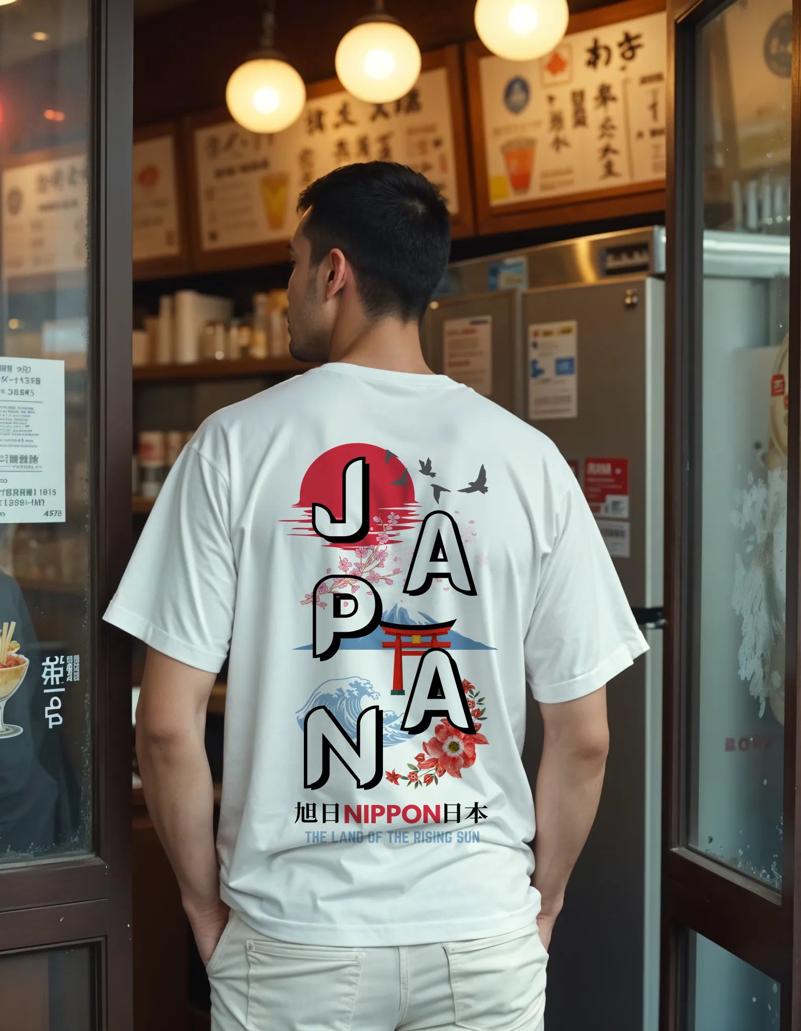 Empulse™ Japan Sorona t-shirt with bold back print of Nippon text and temple motifs, worn by male model in a cafe