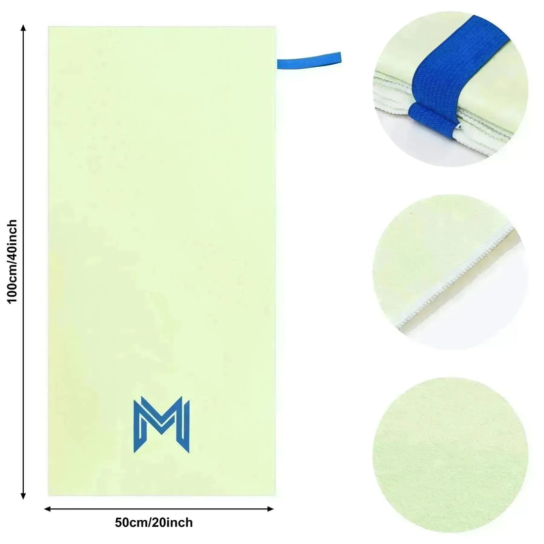 Flat lay of Empulse™ Lemon Zest towel with fabric close-up, hook, and bold blue M logo