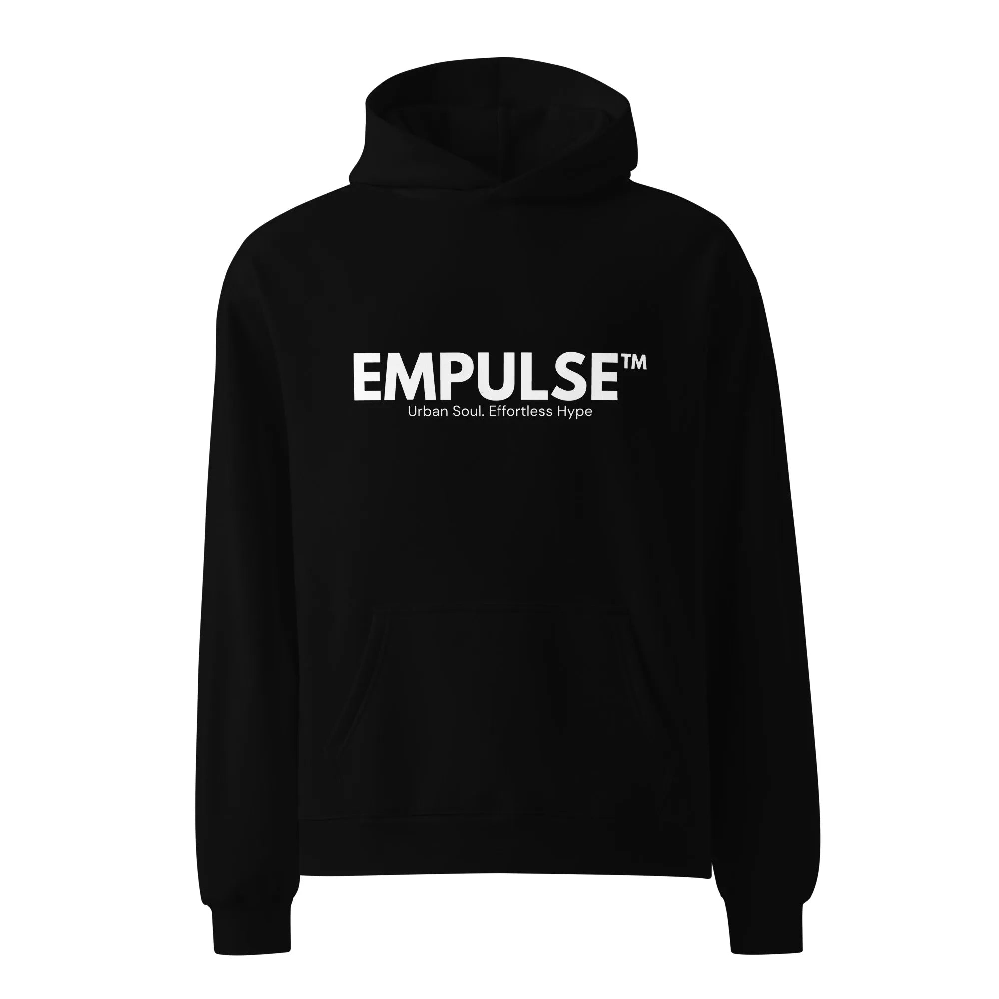 Rear view of Empulse™ black hoodie hung upright, showcasing relaxed cut and hood structure