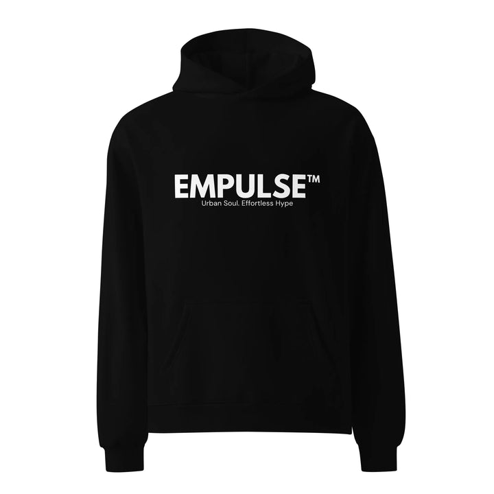 Rear view of Empulse™ black hoodie hung upright, showcasing relaxed cut and hood structure