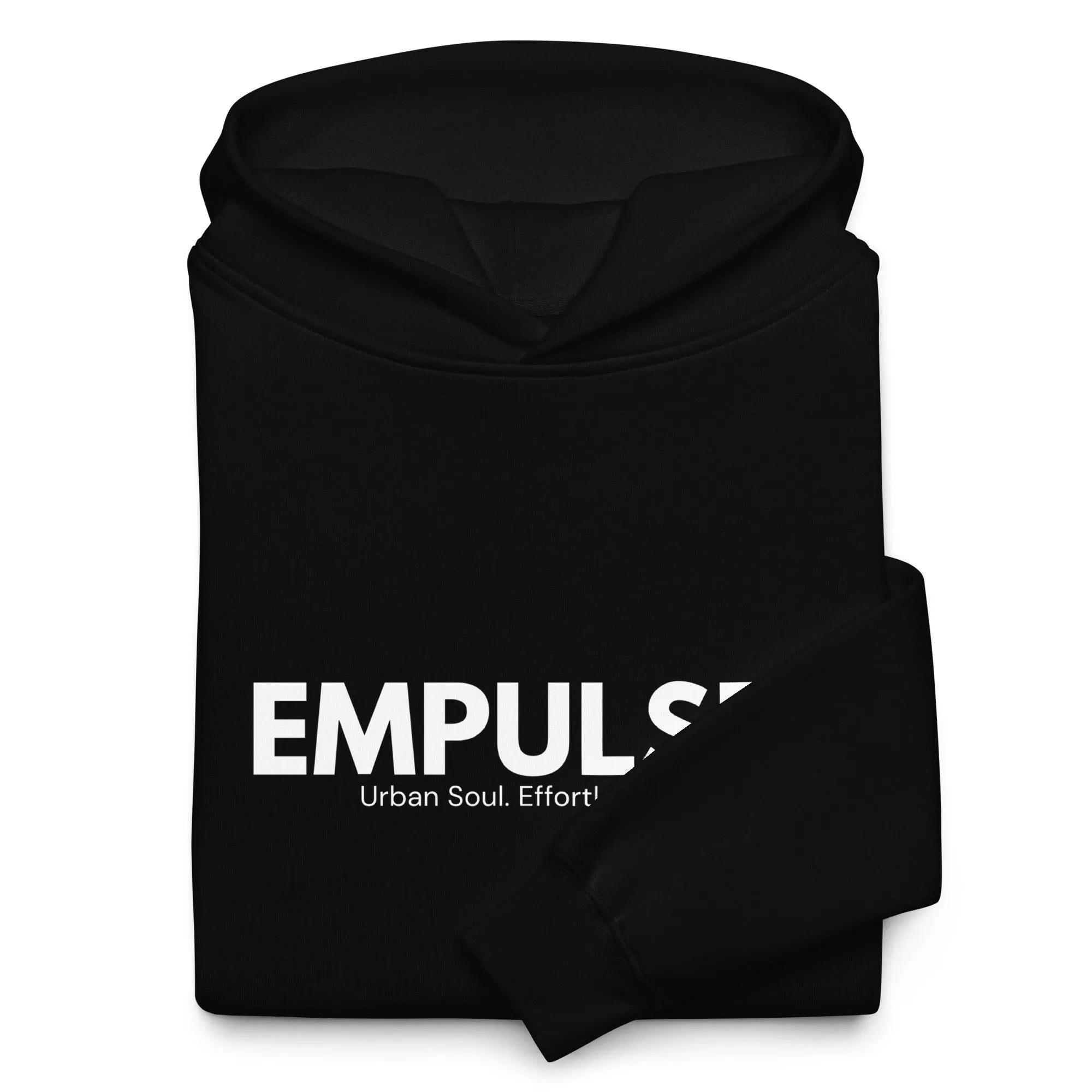 Folded black Empulse™ hoodie with white center logo, neatly presented for eCommerce display