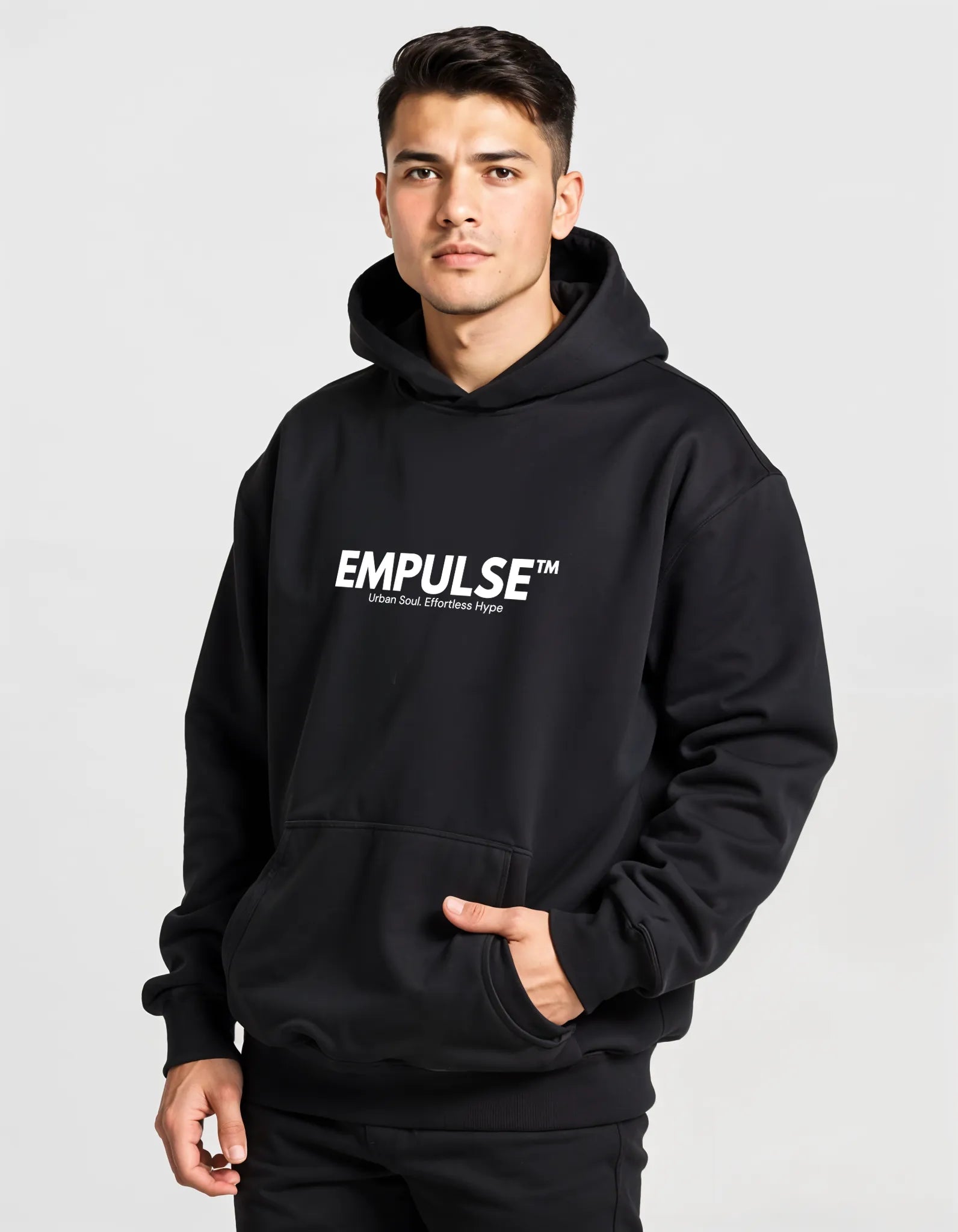 Male model in Empulse™ black hoodie with bold white logo at center chest, relaxed studio pose