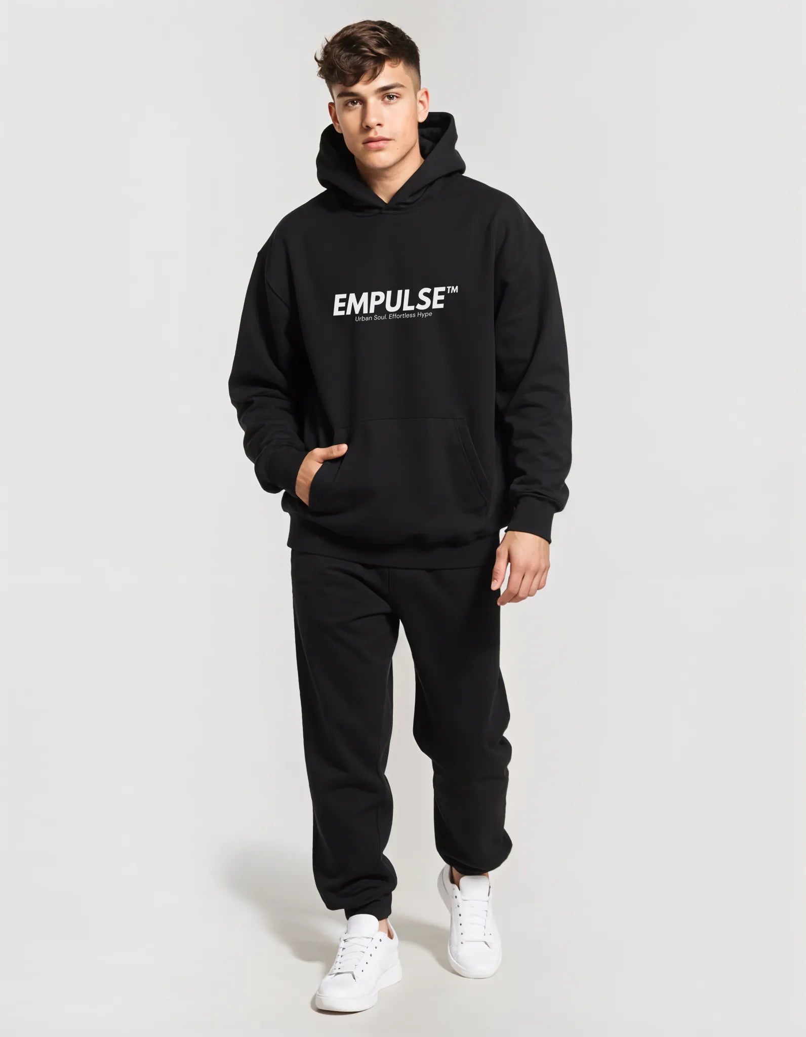 Full-length view of man walking in Empulse™ logo hoodie and joggers, studio-lit profile