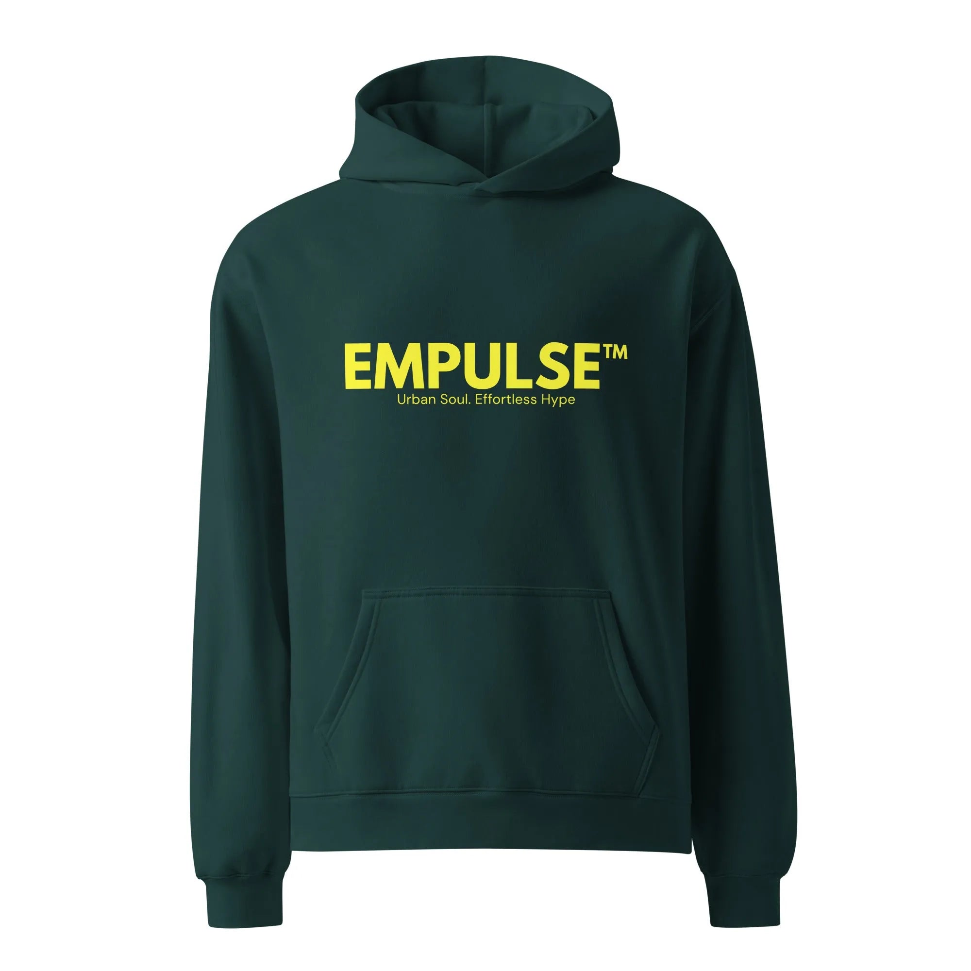 Rear flatlay of Empulse™ logo hoodie in forest green, showing relaxed fit and simple back