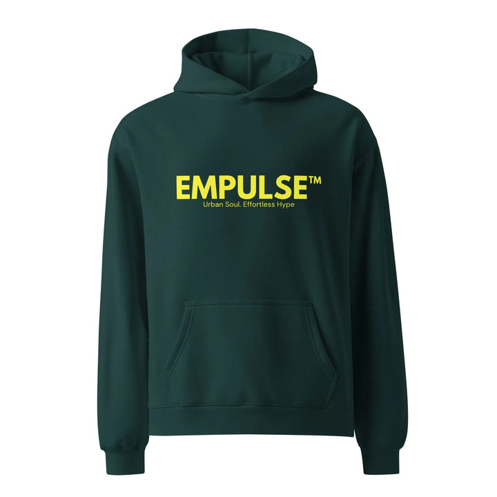 Rear flatlay of Empulse™ logo hoodie in forest green, showing relaxed fit and simple back