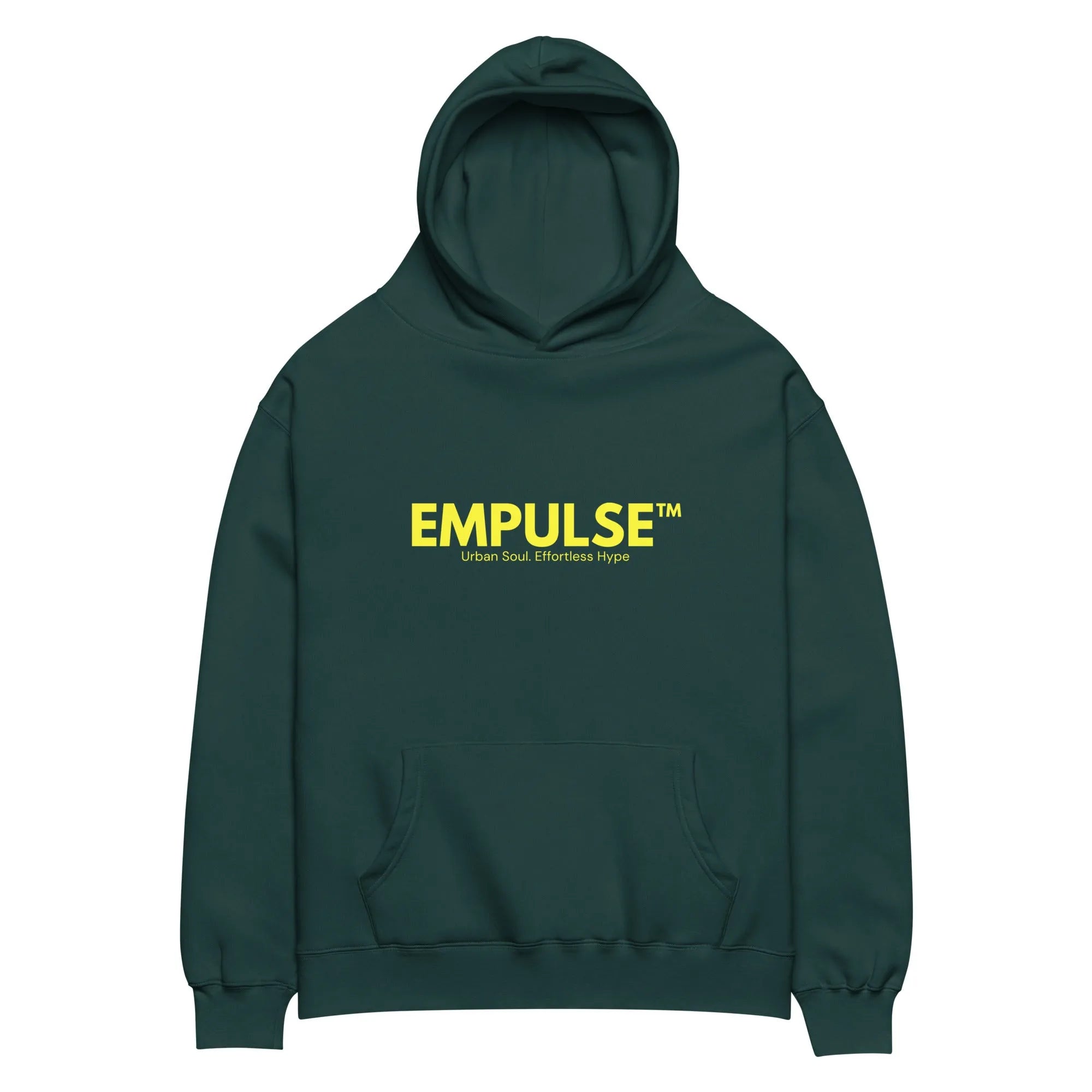 Forest green Empulse™ hoodie shown from the back, hung neatly for product display