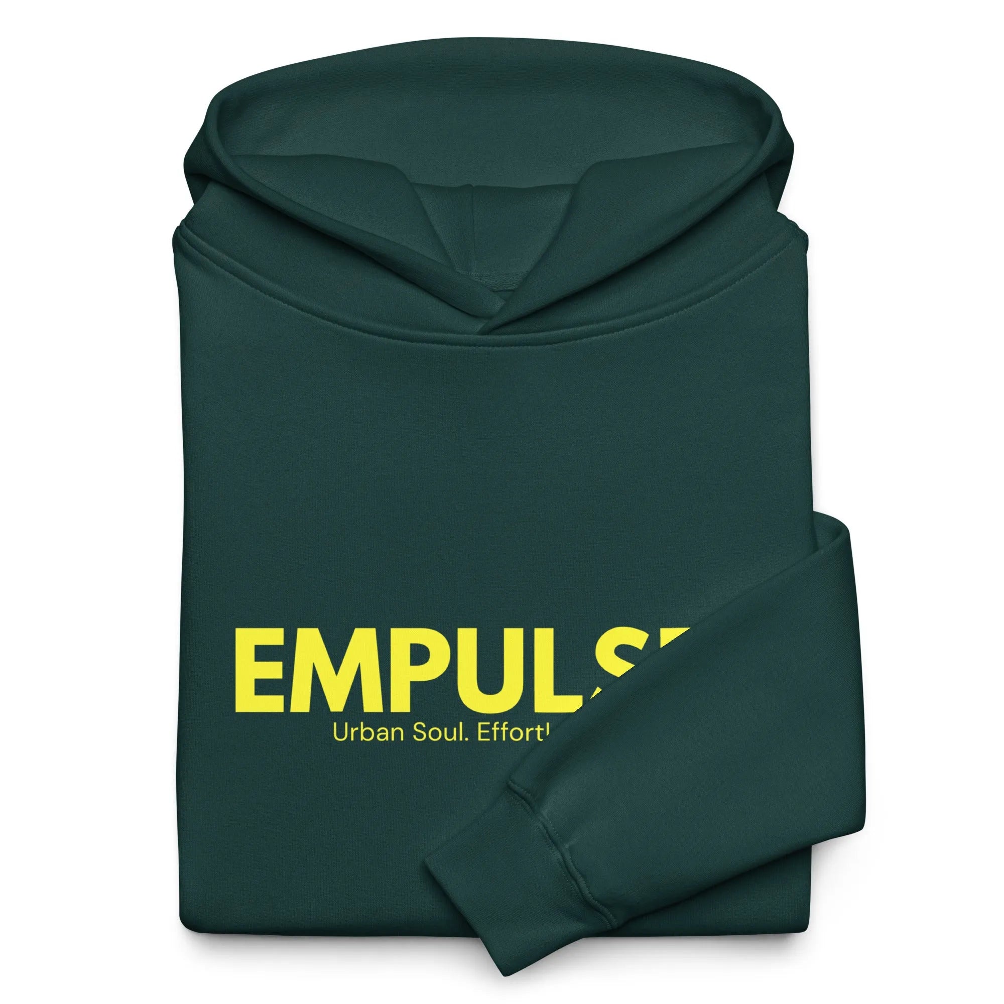 Folded Empulse™ green hoodie with prominent yellow front logo, clean and retail-ready look