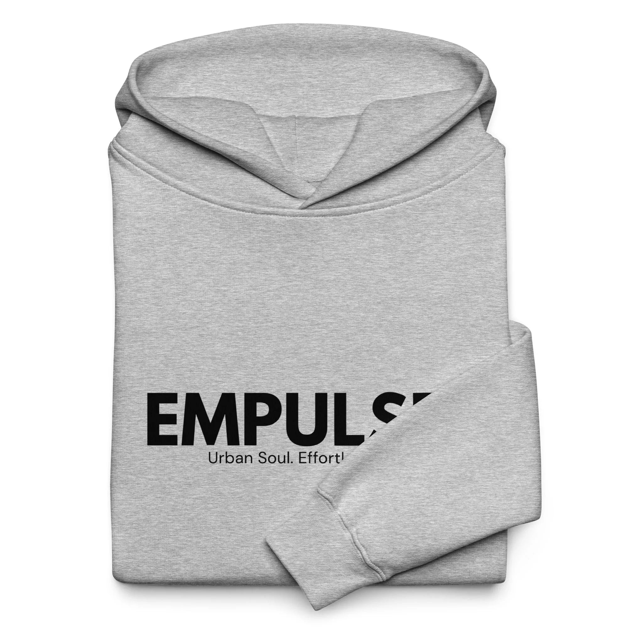 Folded Empulse™ ash grey hoodie with centered black logo, ready for retail or shipping