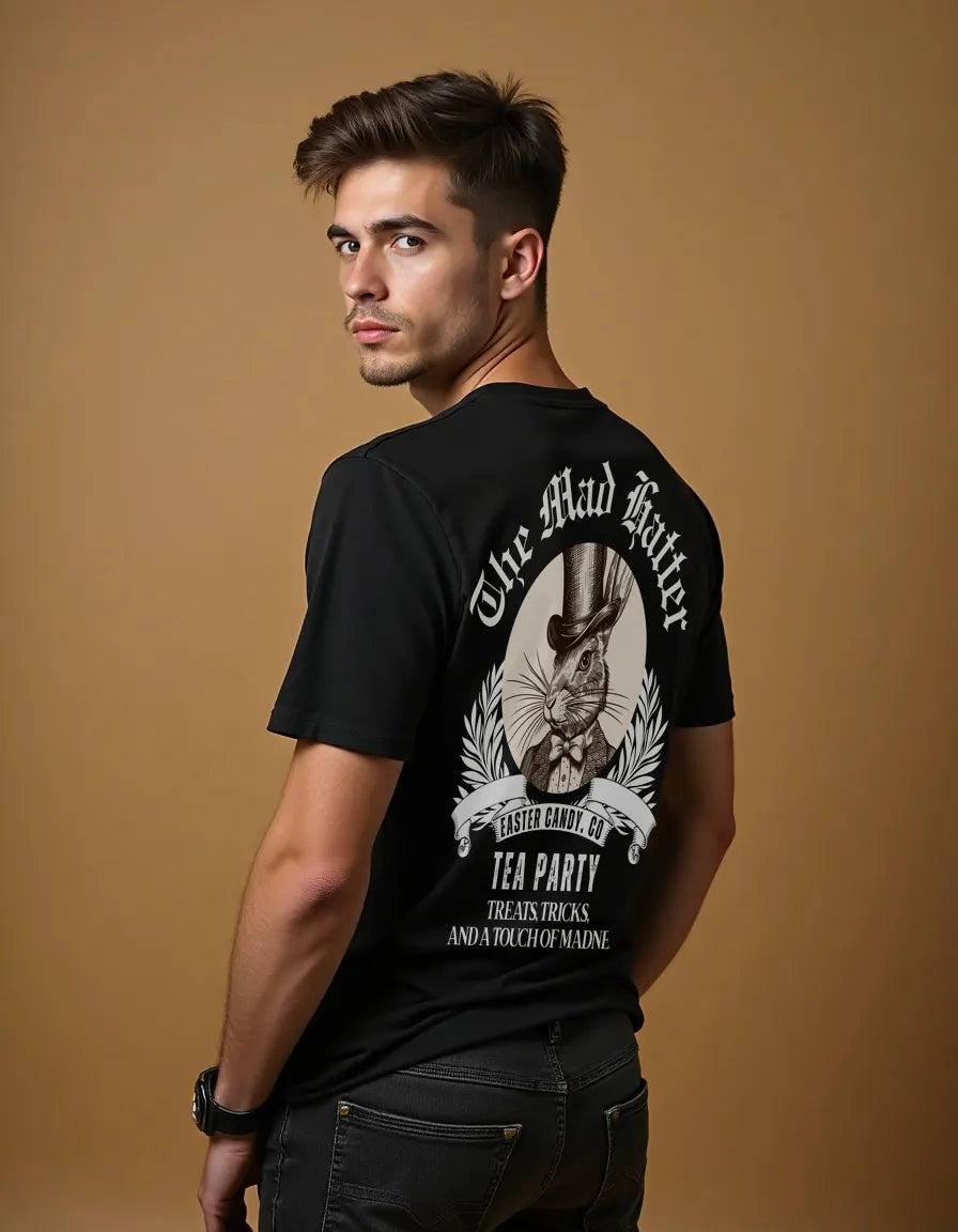 Male model showing back design of Empulse Mad Hatter tshirt in black