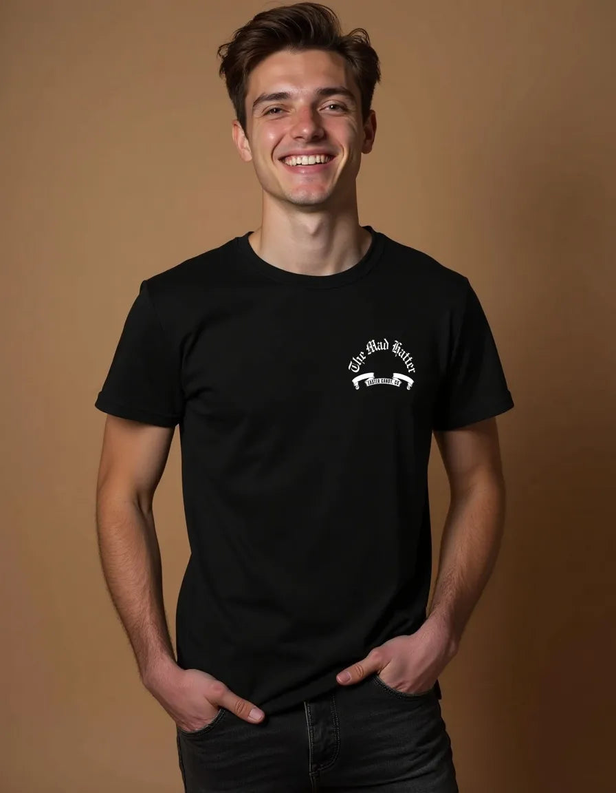 Man wearing front-facing black Empulse Mad Hatter Tea Party tshirt