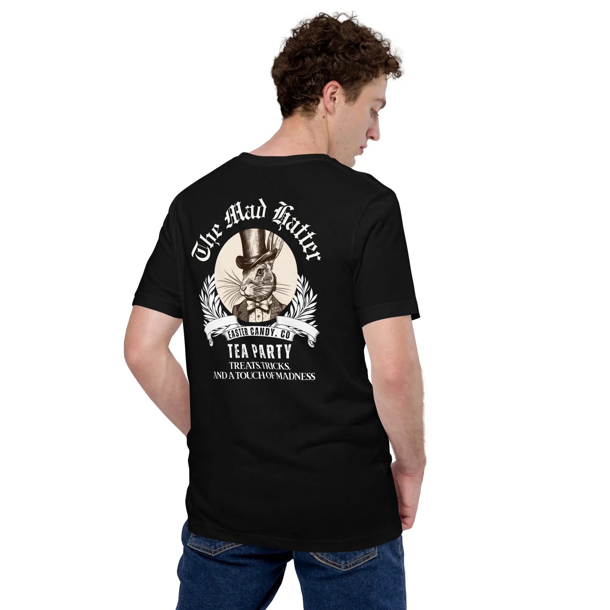 Side view of male in black Empulse Mad Hatter Tea Party tshirt