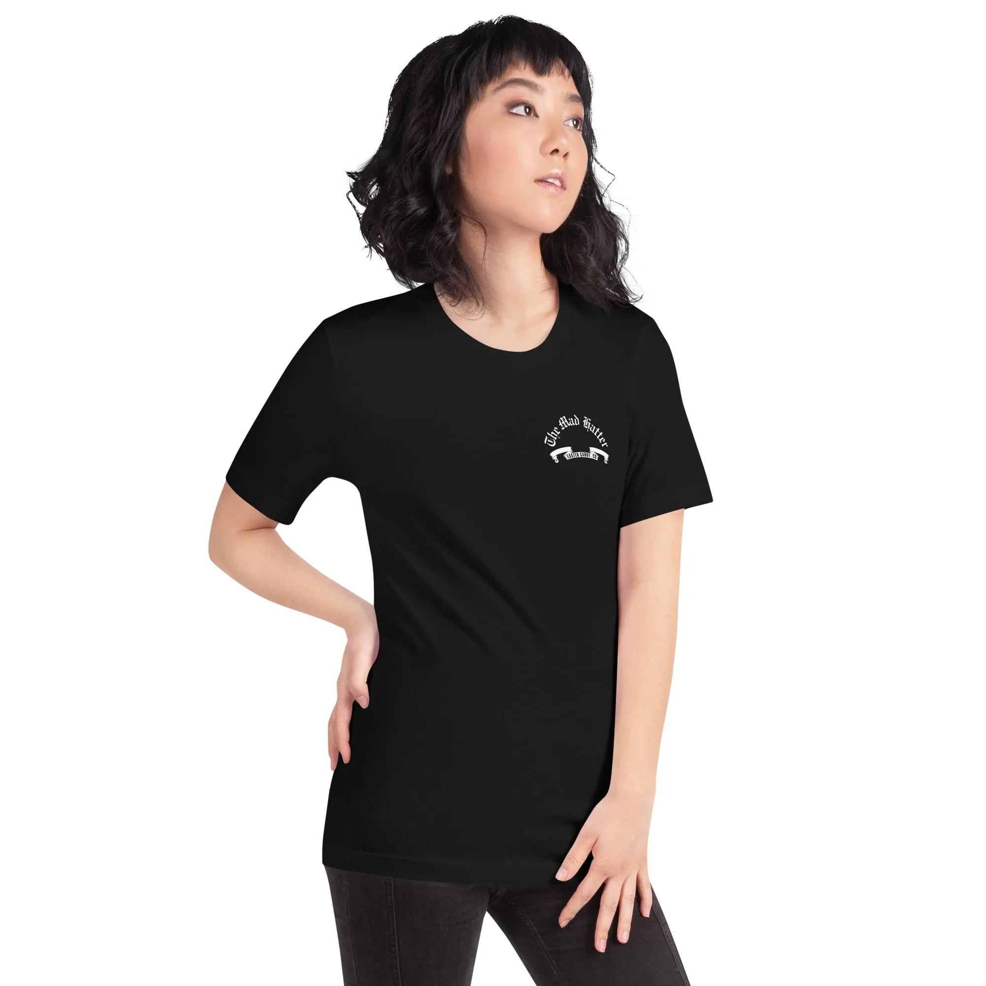 Female model wearing Empulse black Mad Hatter tshirt front view