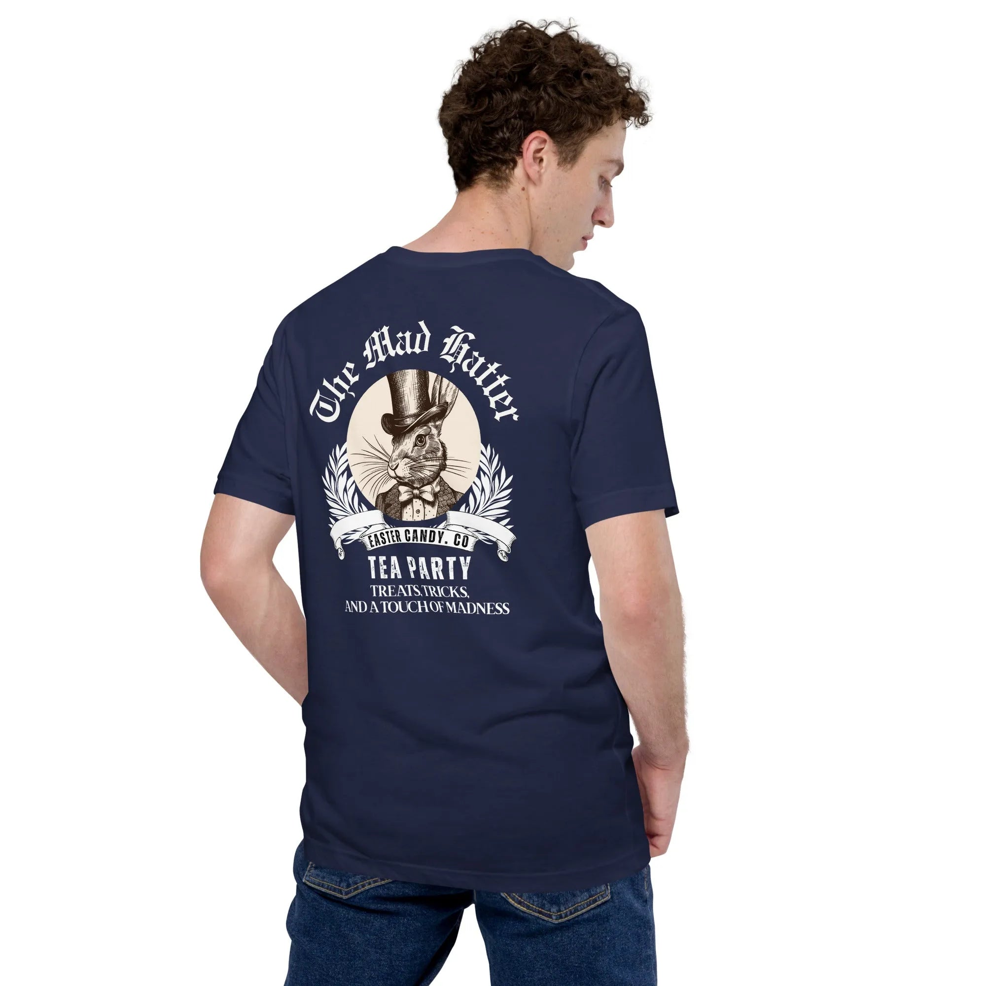 Back view of man wearing navy Empulse Mad Hatter Tea Party tshirt