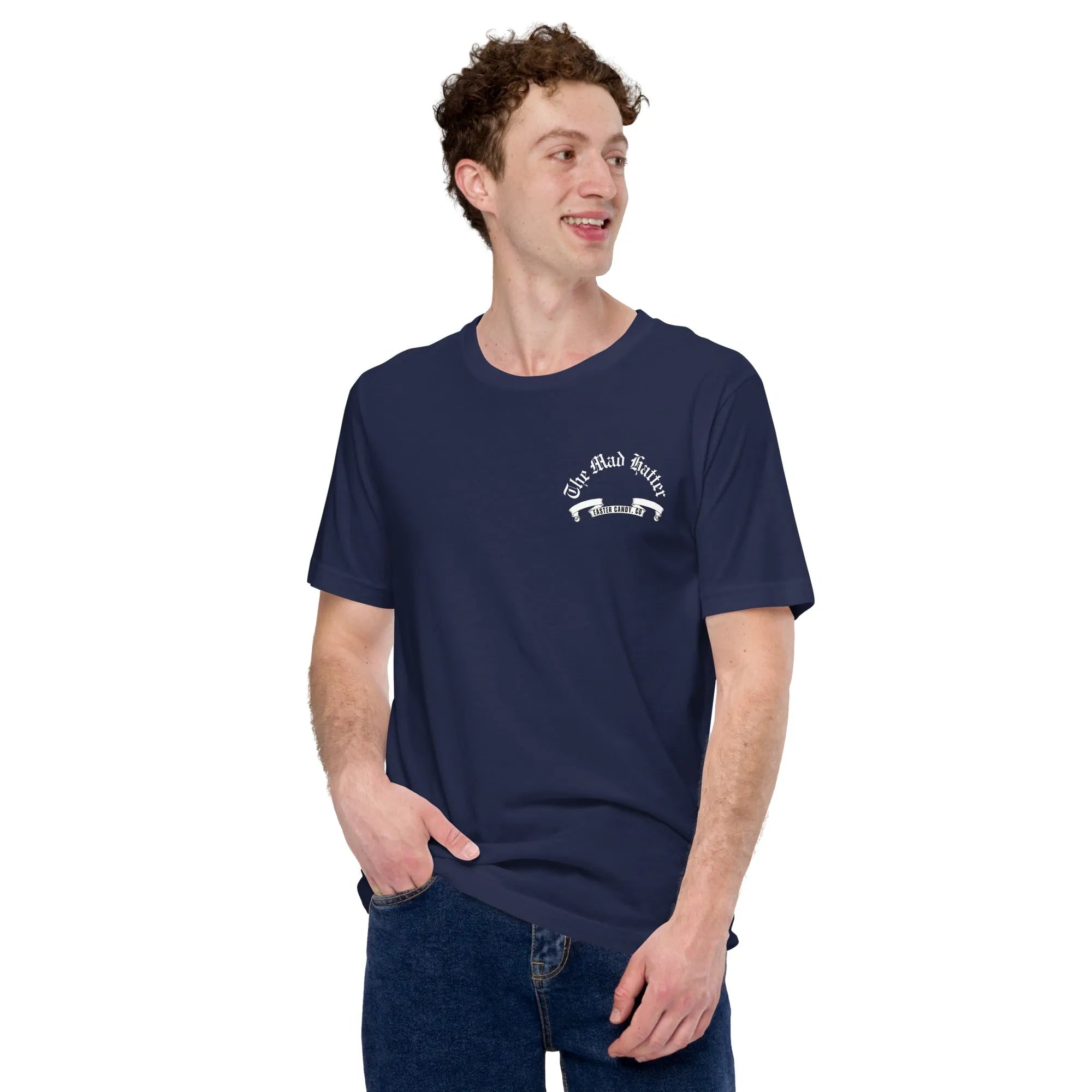  Male model facing forward in navy Mad Hatter tshirt by Empulse