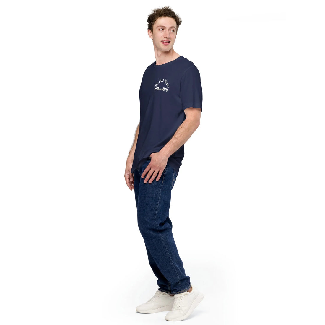 Navy Empulse Mad Hatter tshirt worn by male side view